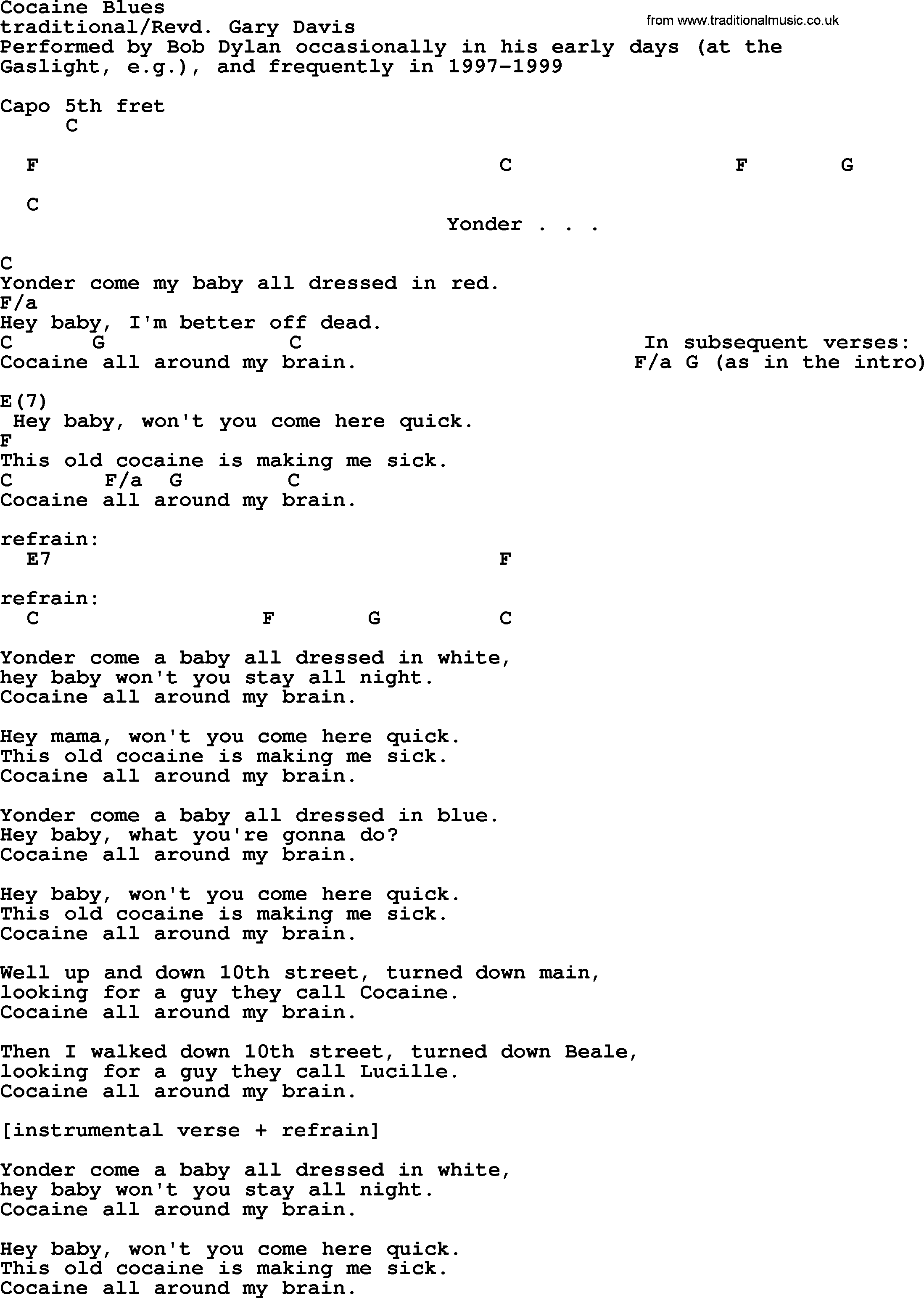 Bob Dylan song, lyrics with chords - Cocaine Blues