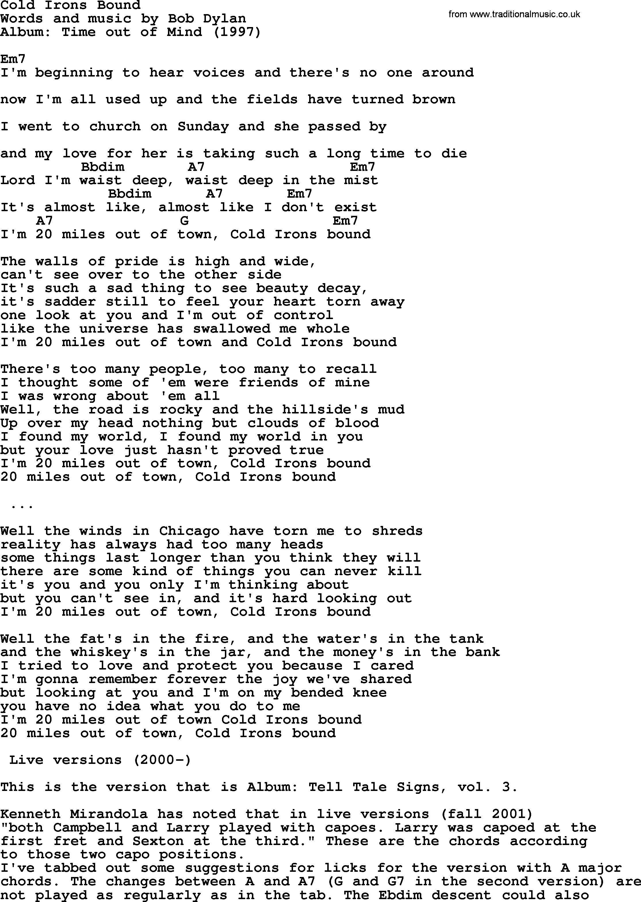 Bob Dylan song, lyrics with chords - Cold Irons Bound