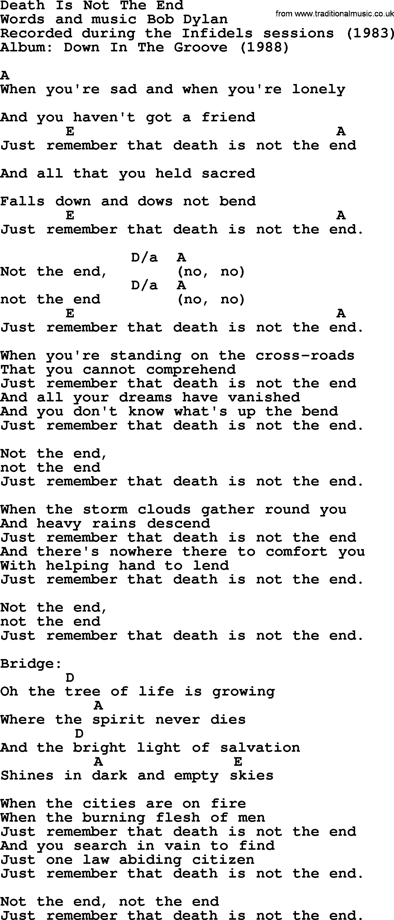 Bob Dylan song, lyrics with chords - Death Is Not The End