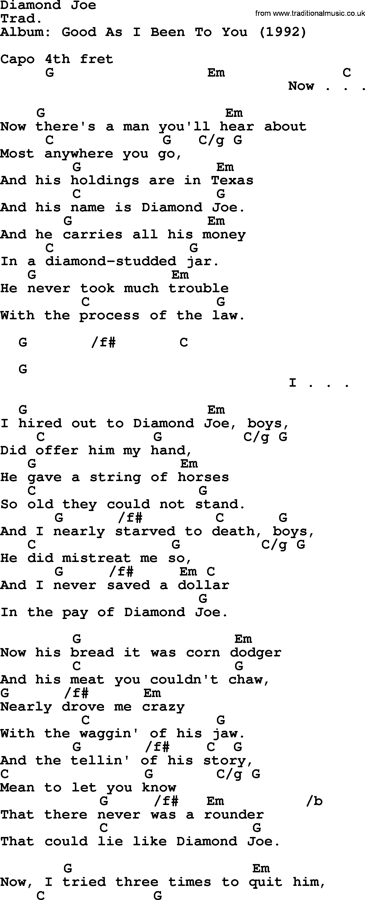 Bob Dylan song, lyrics with chords - Diamond Joe