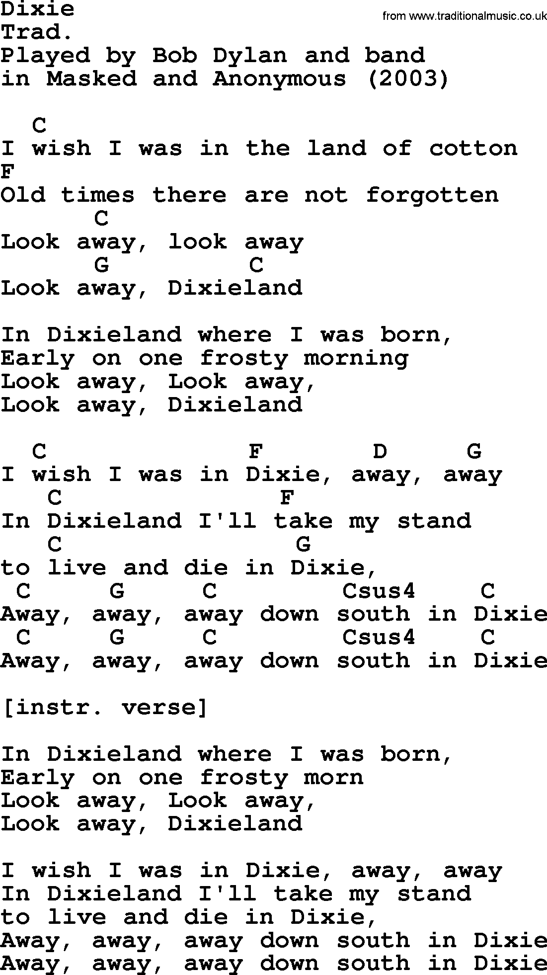 Bob Dylan song, lyrics with chords - Dixie