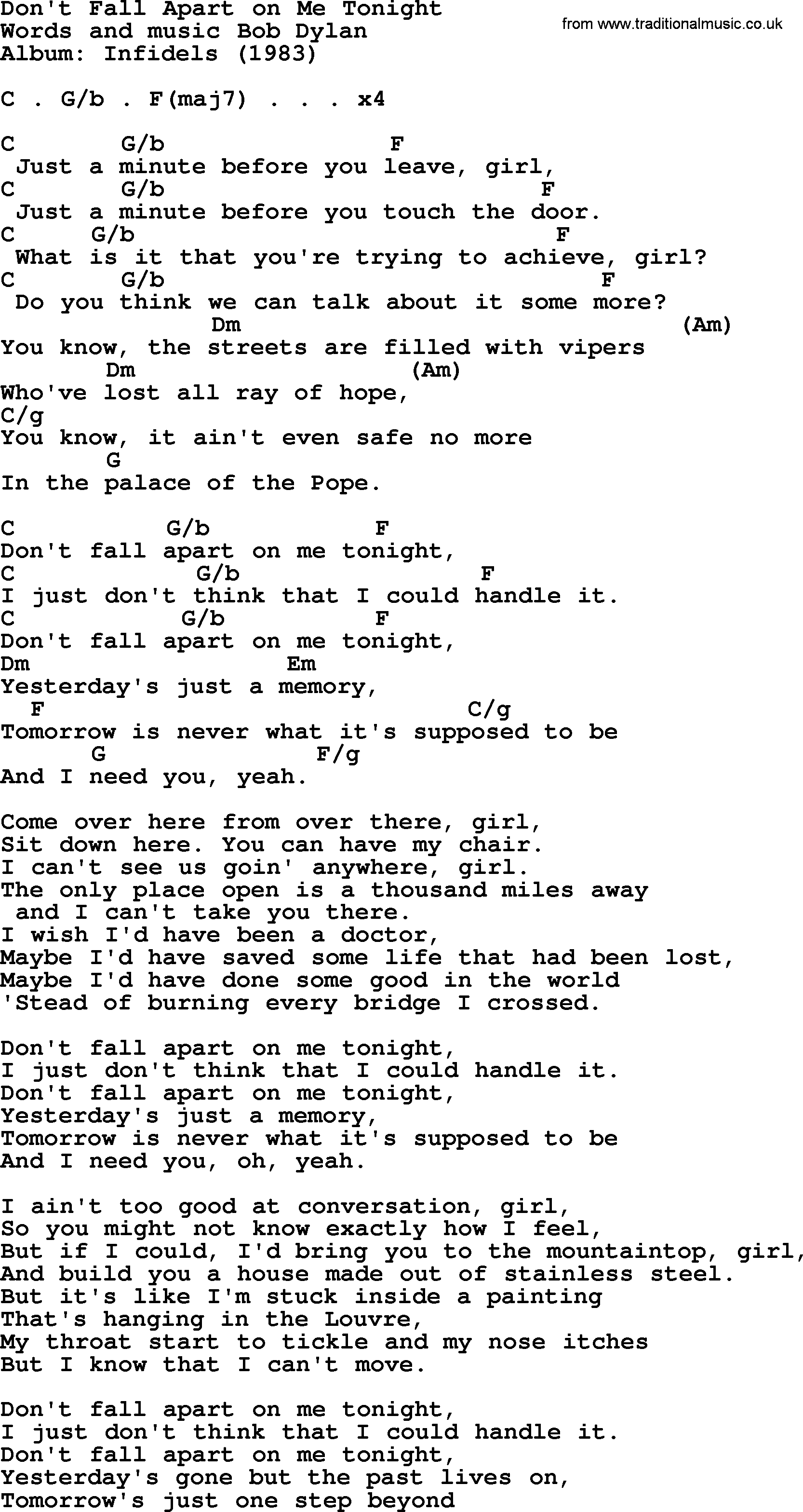 Bob Dylan song, lyrics with chords - Don't Fall Apart on Me Tonight