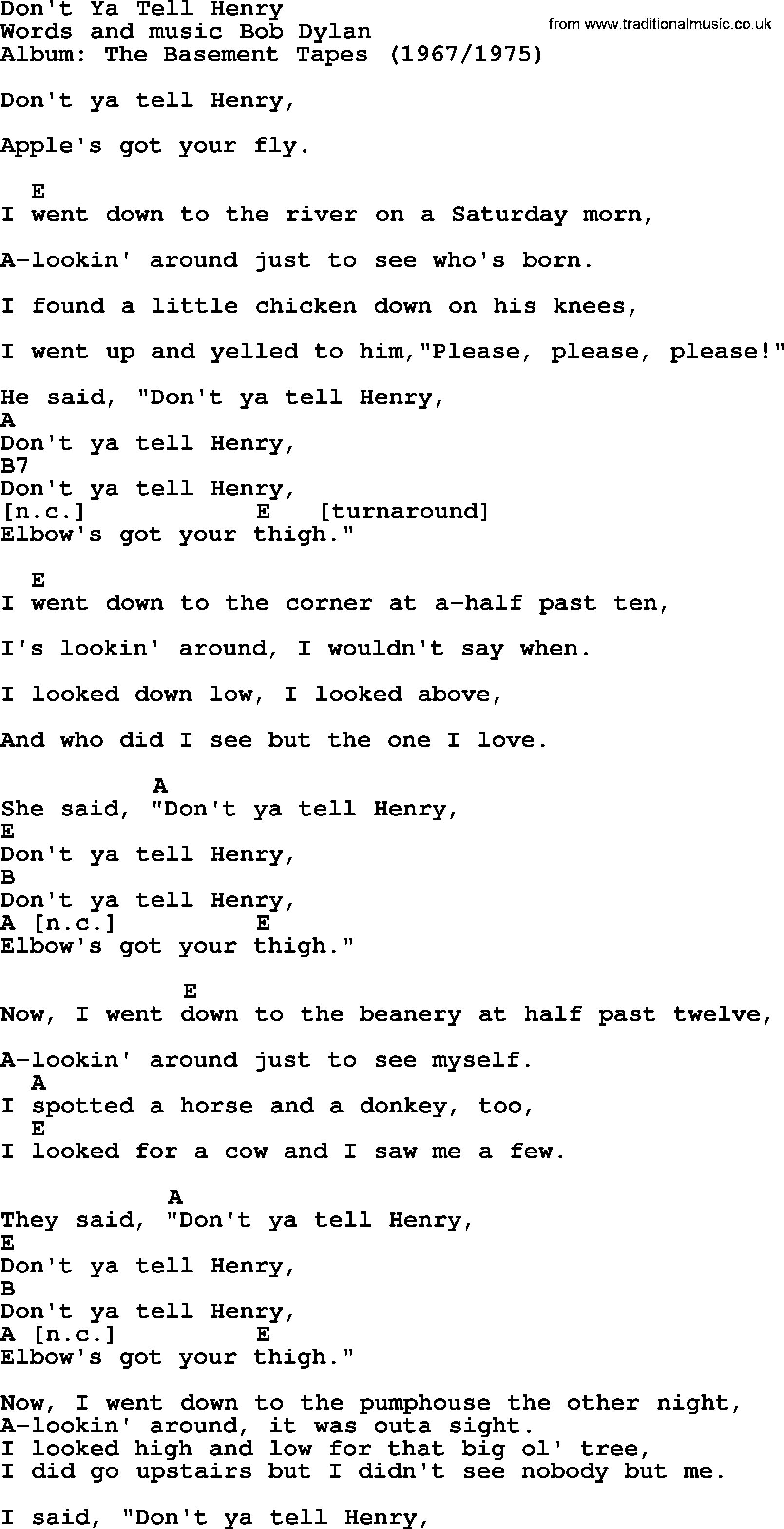 Bob Dylan song, lyrics with chords - Don't Ya Tell Henry