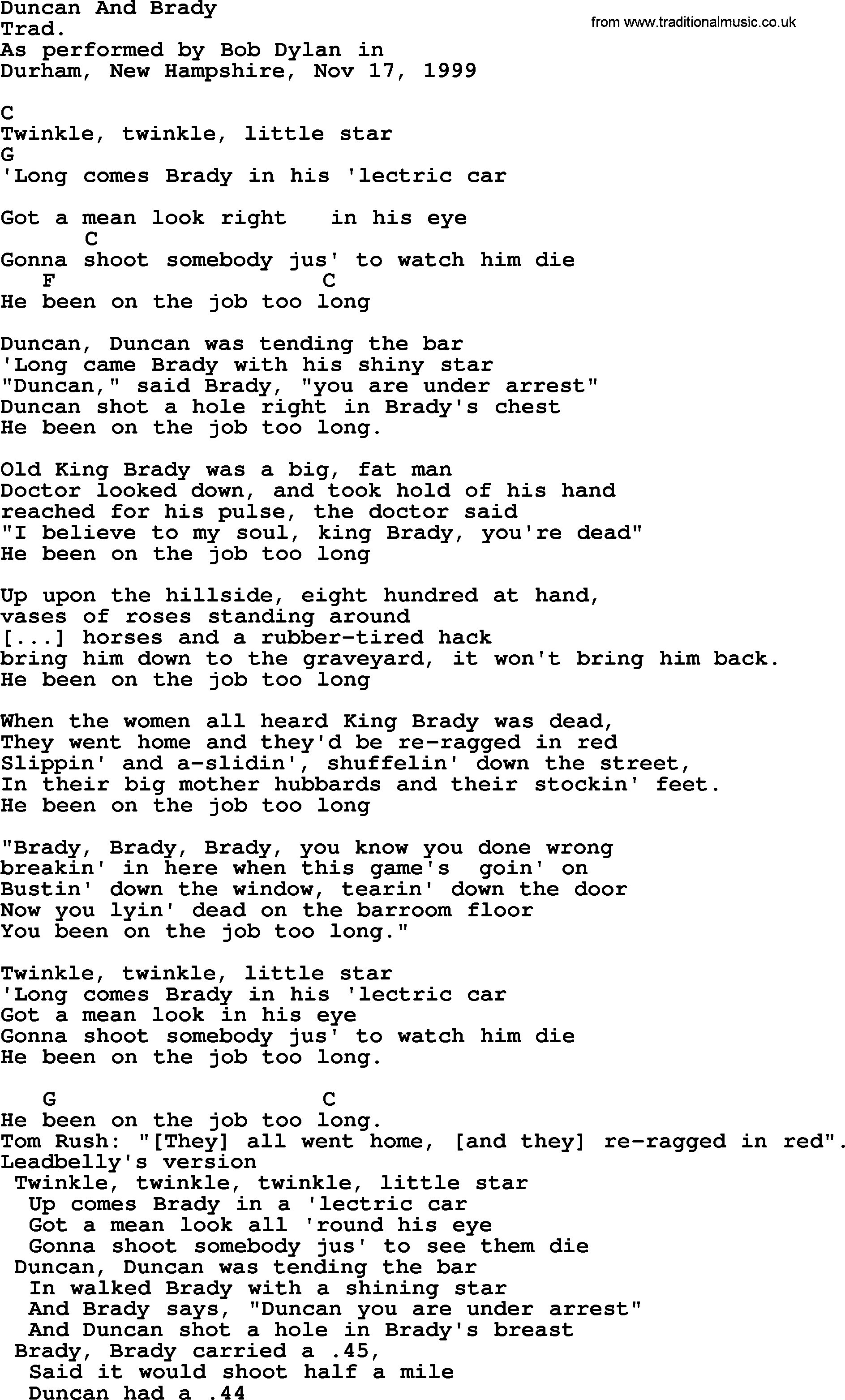 Bob Dylan song, lyrics with chords - Duncan And Brady