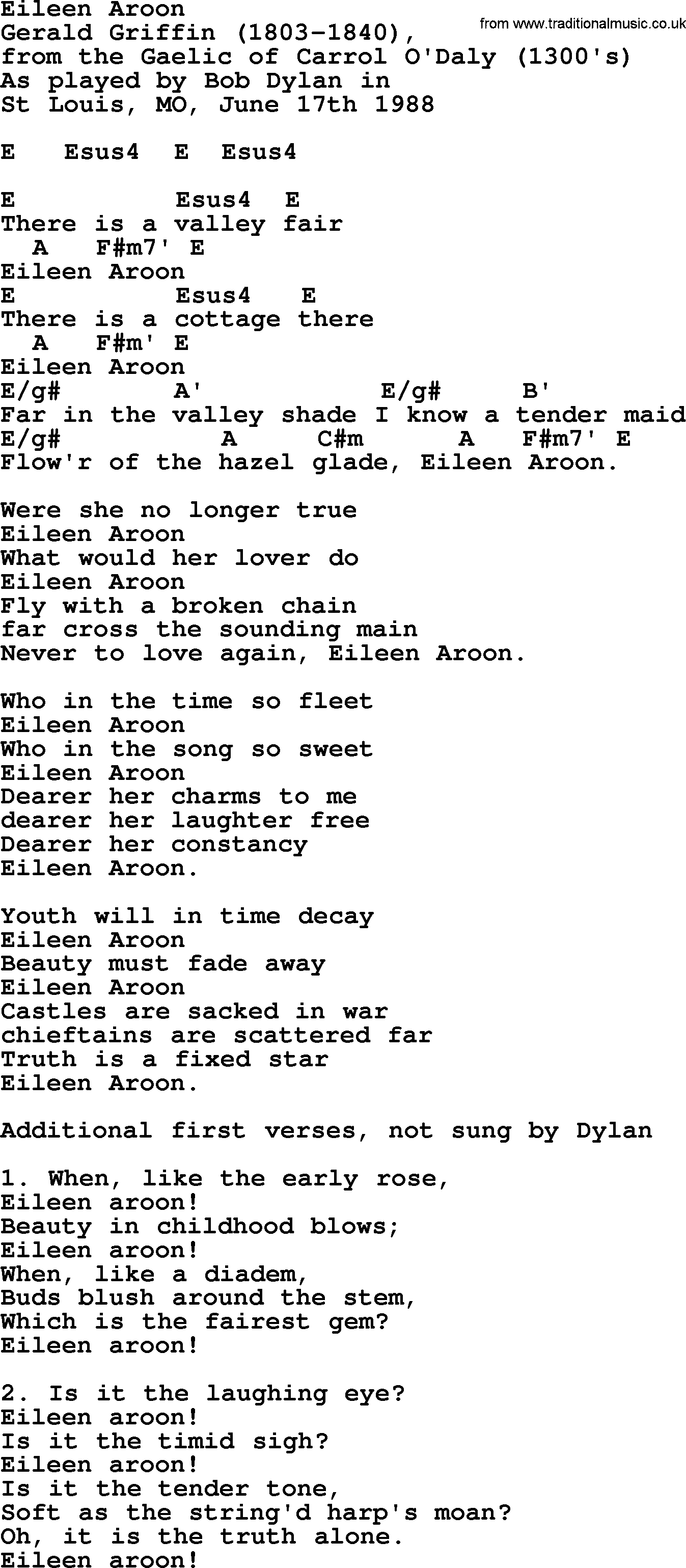 Bob Dylan song, lyrics with chords - Eileen Aroon