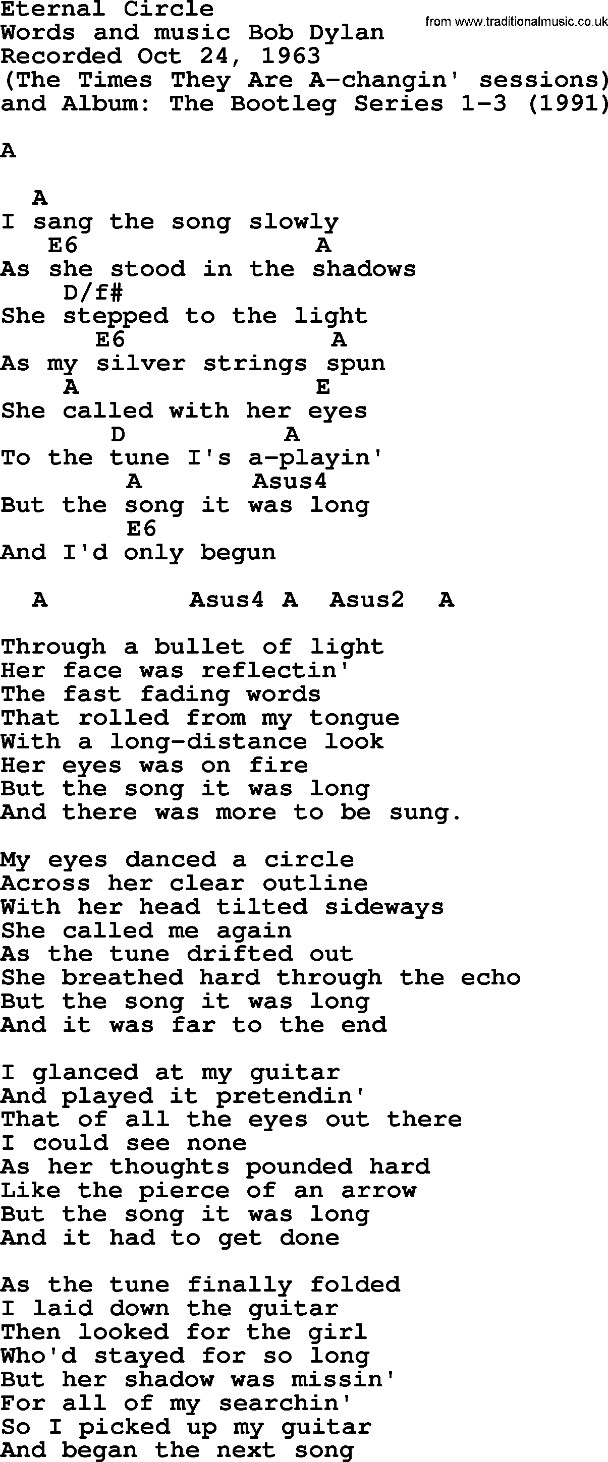 Bob Dylan song, lyrics with chords - Eternal Circle