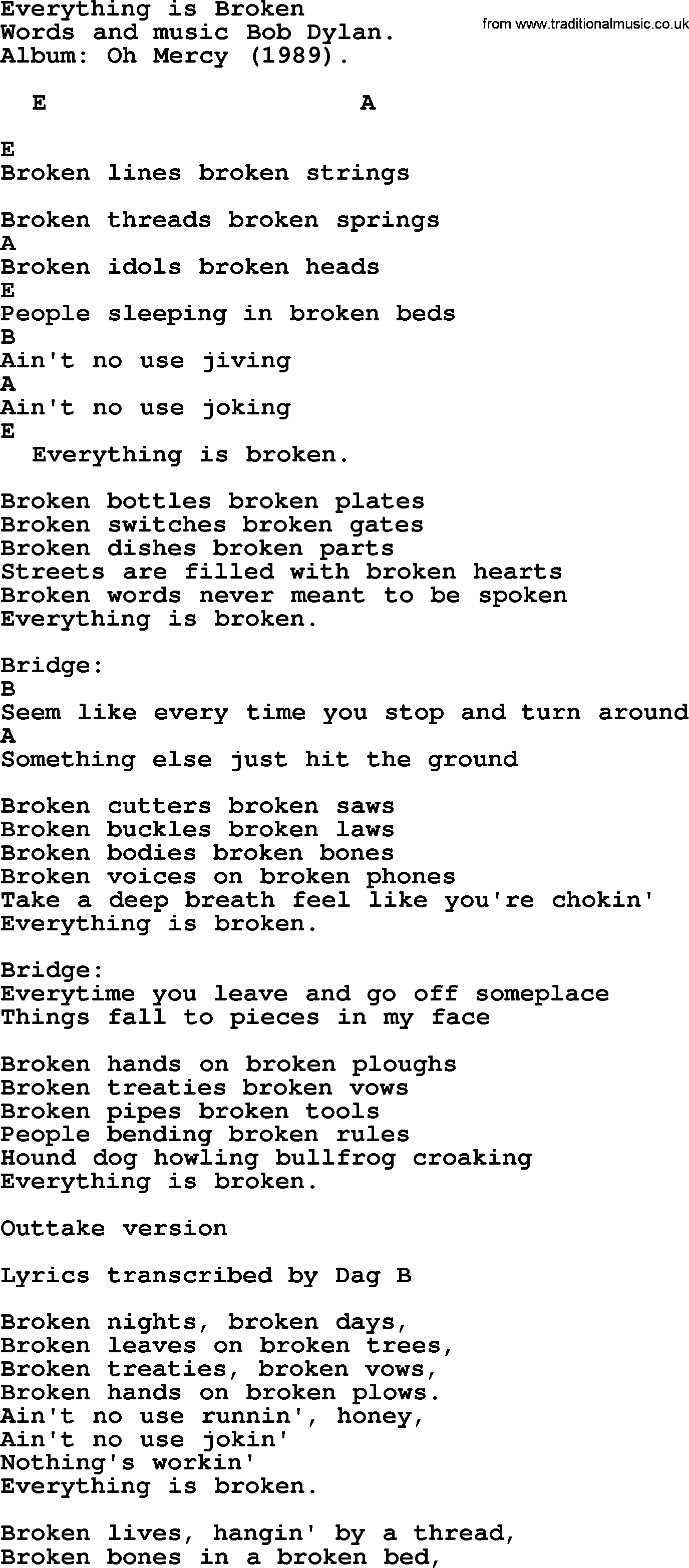 Bob Dylan song - Everything is Broken, lyrics and chords lyrics for broken by kaestrings