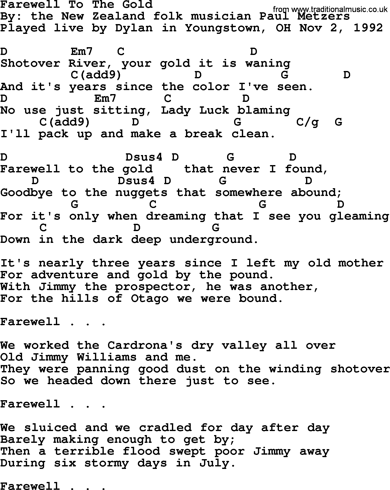 Bob Dylan song, lyrics with chords - Farewell To The Gold