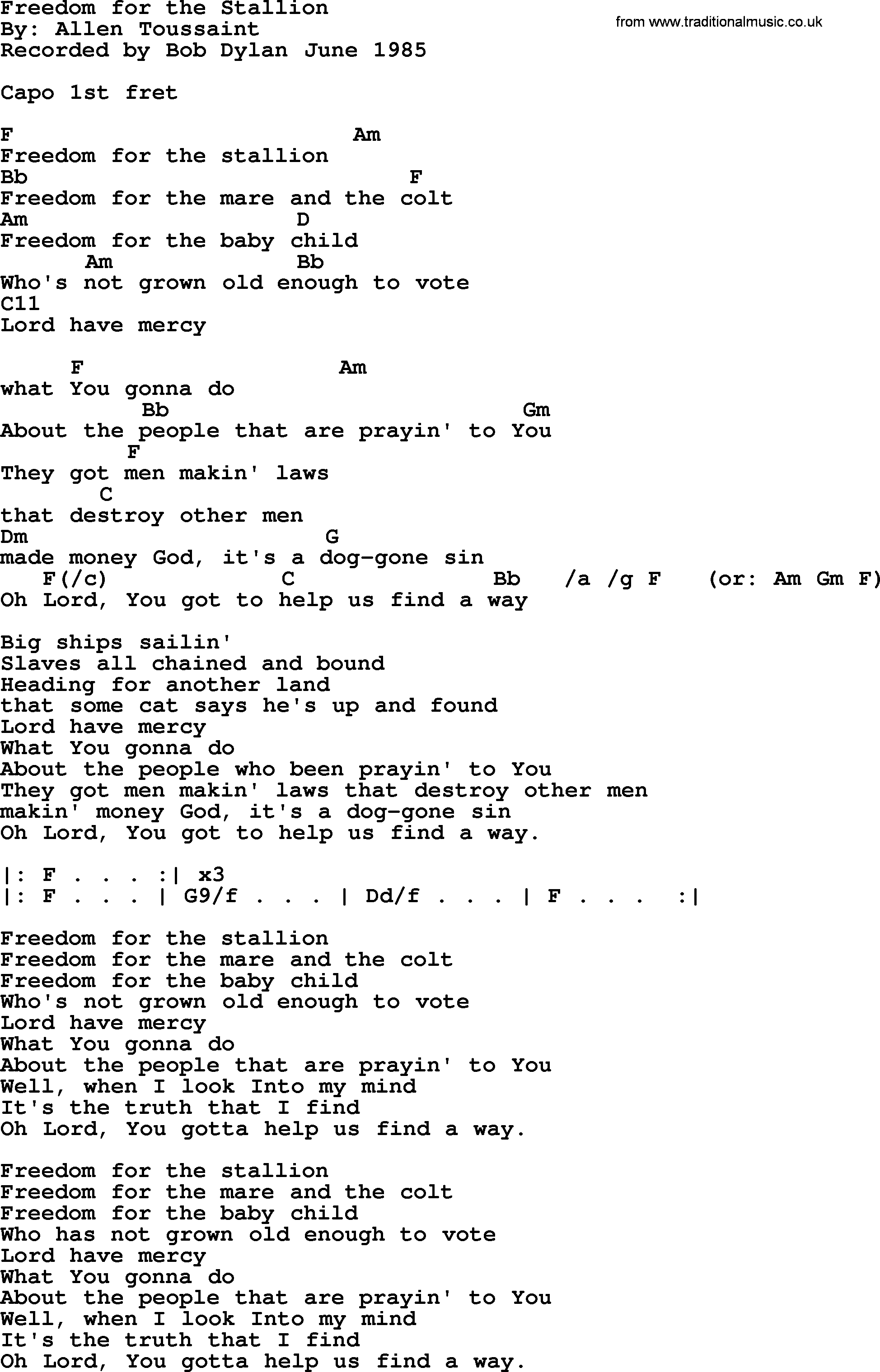 Bob Dylan song, lyrics with chords - Freedom for the Stallion