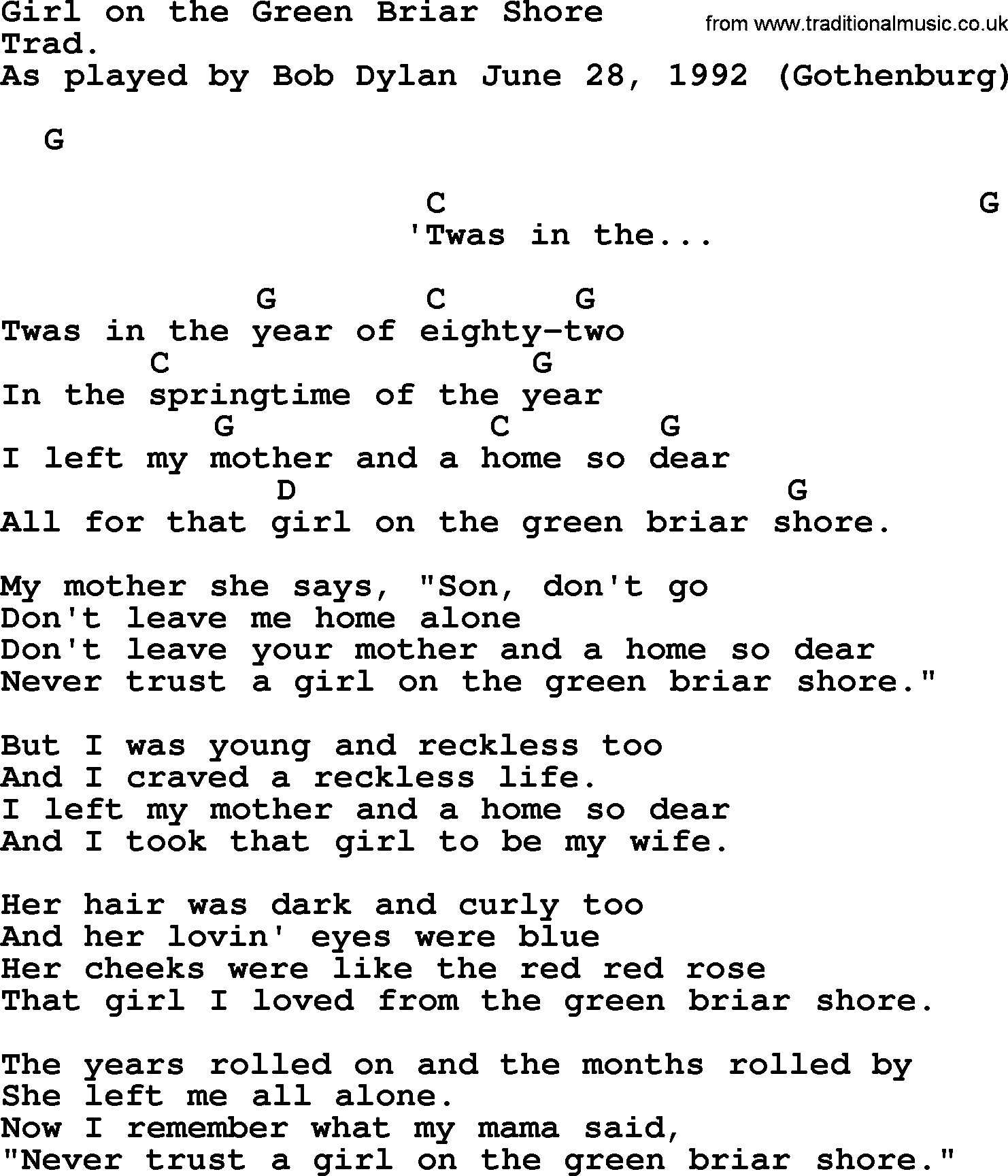 Bob Dylan song, lyrics with chords - Girl on the Green Briar Shore