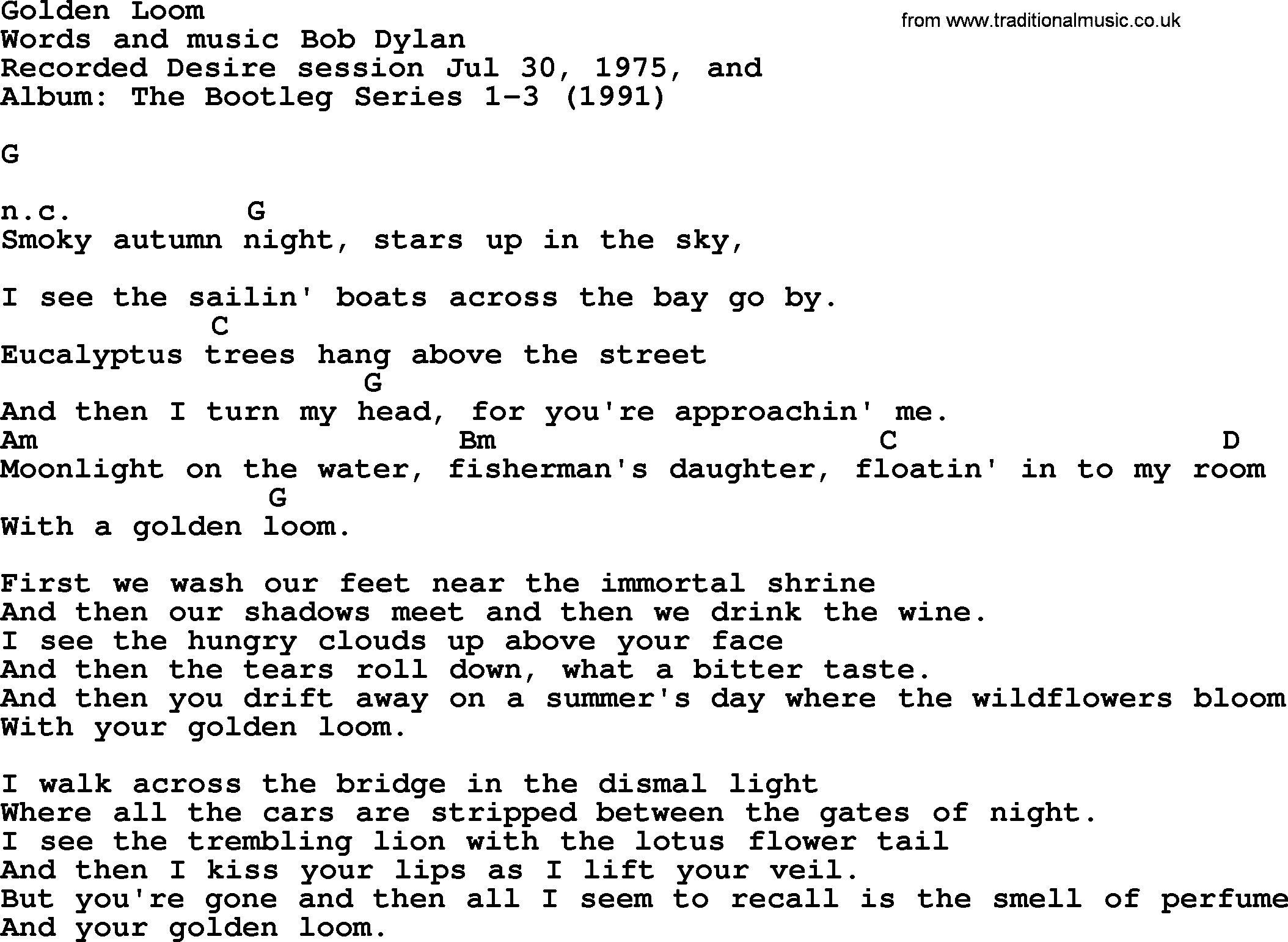Bob Dylan song, lyrics with chords - Golden Loom