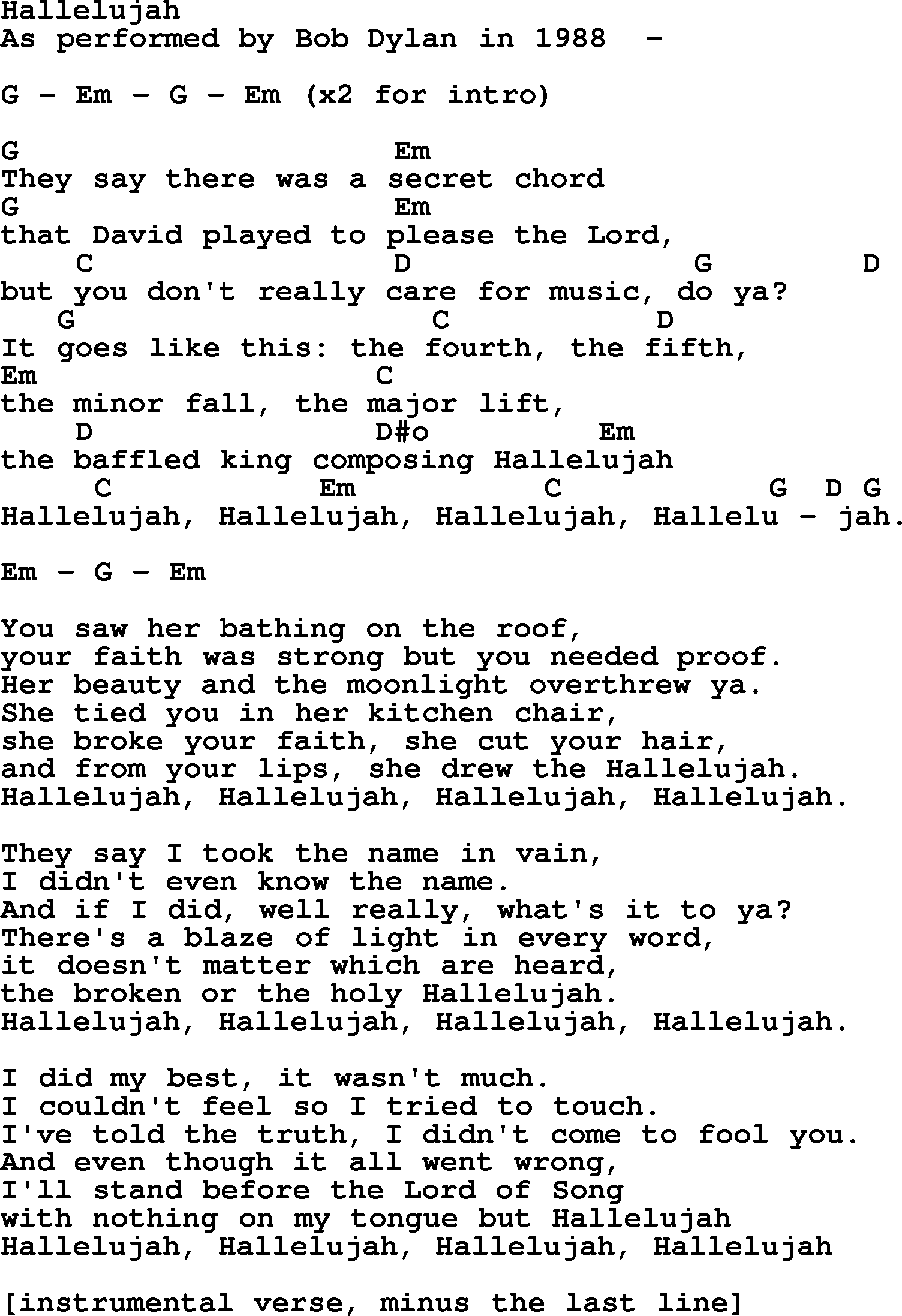 Bob Dylan song, lyrics with chords - Hallelujah