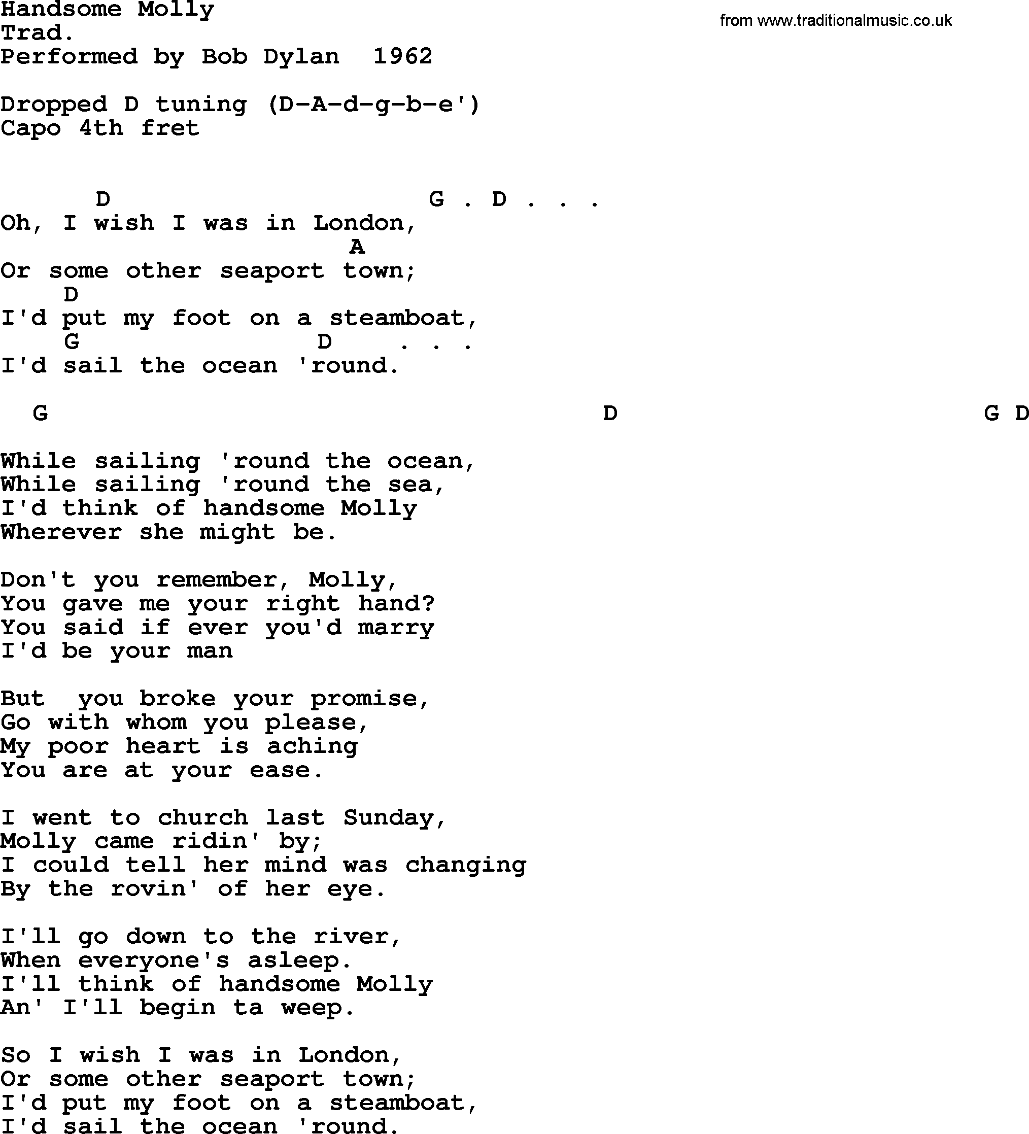 Bob Dylan song, lyrics with chords - Handsome Molly