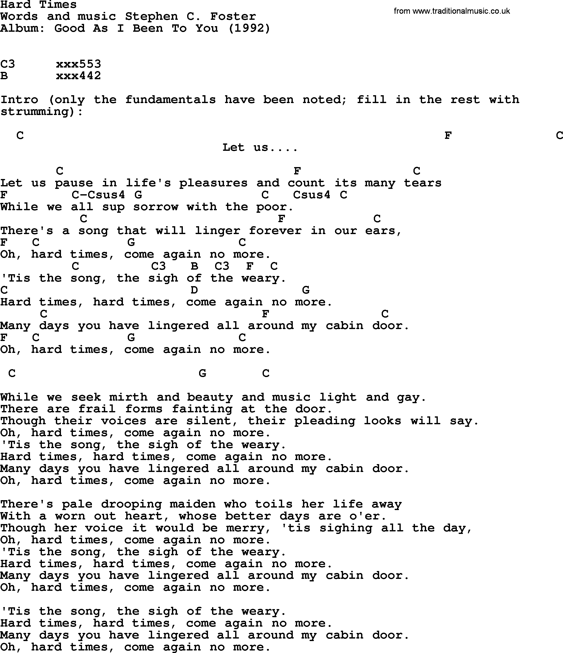 Bob Dylan song, lyrics with chords - Hard Times