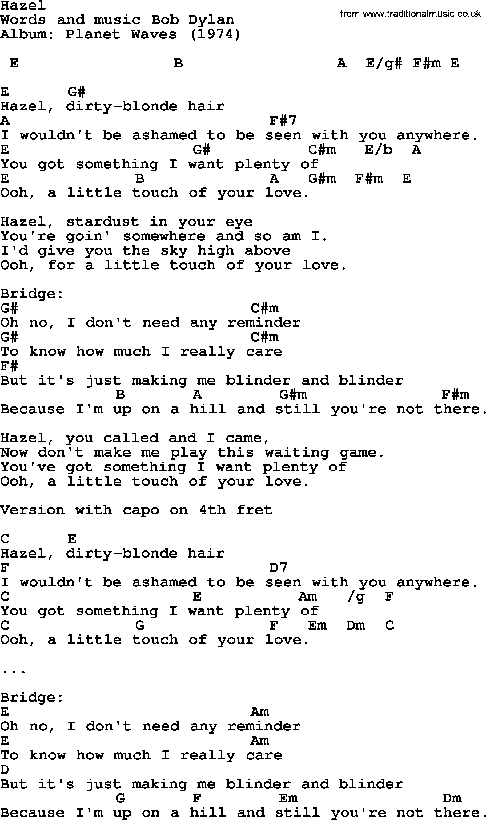 Bob Dylan song, lyrics with chords - Hazel