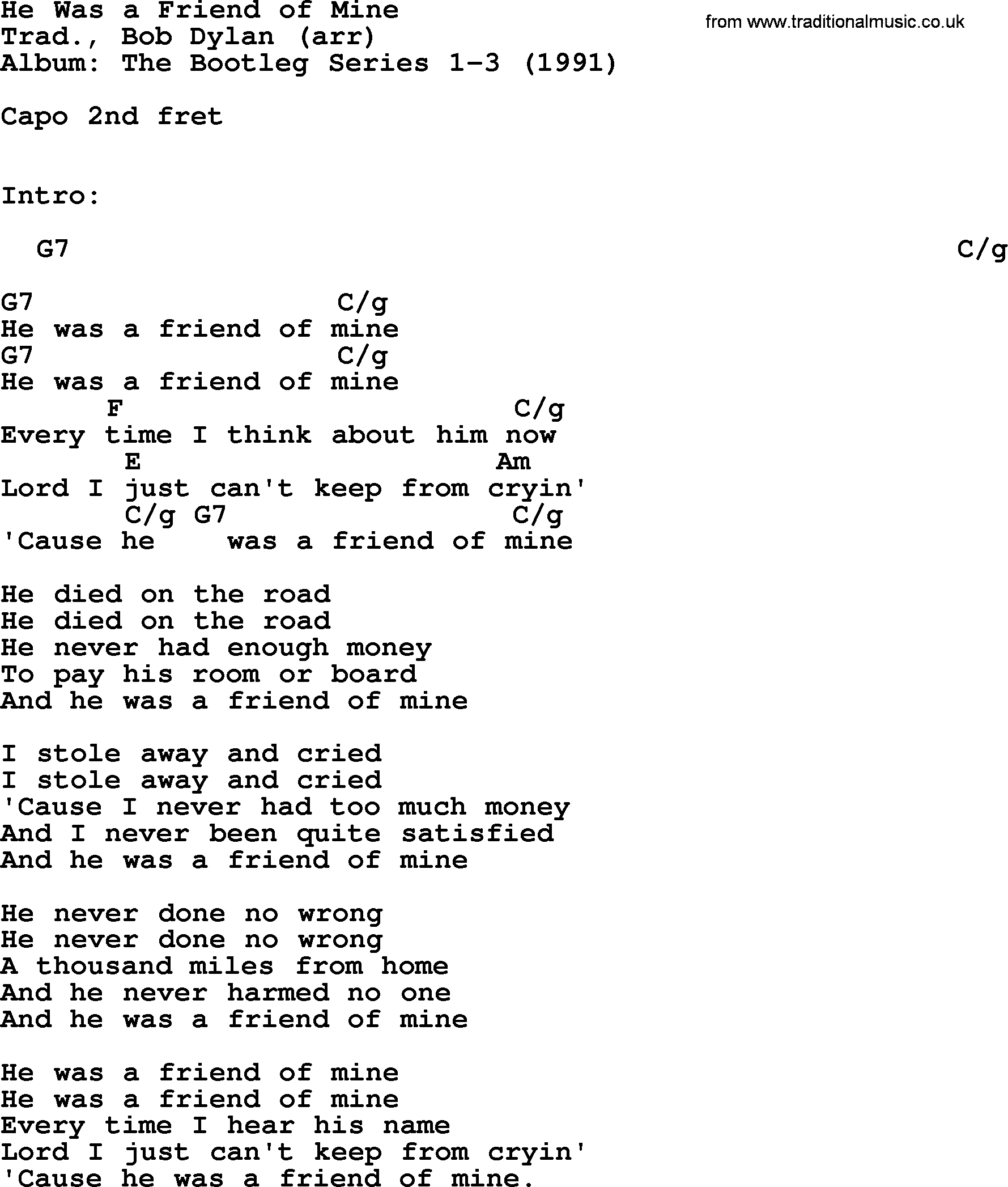 Bob Dylan song, lyrics with chords - He Was a Friend of Mine