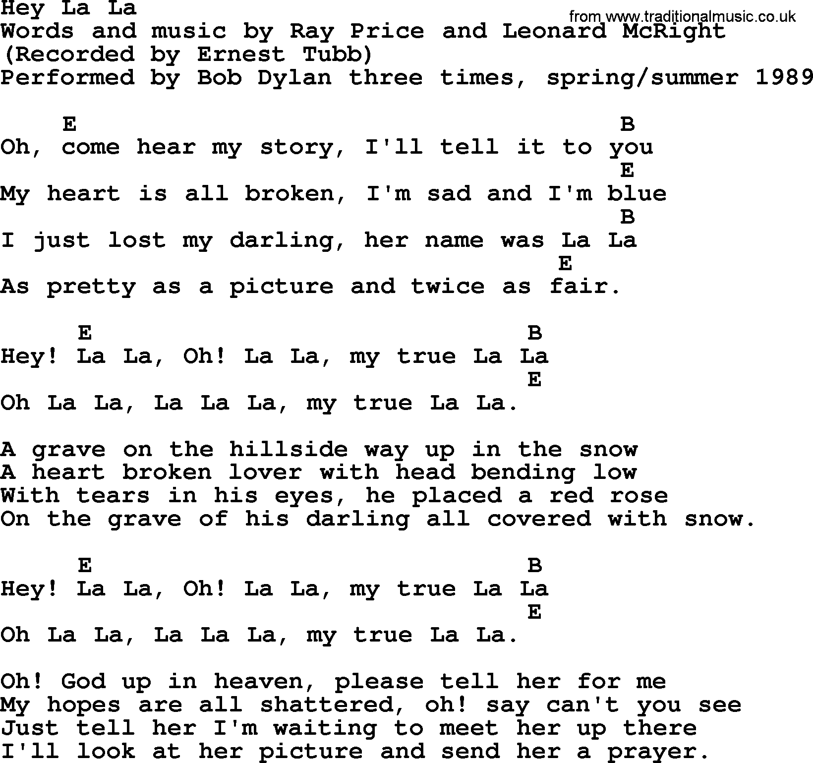 Bob Dylan song, lyrics with chords - Hey La La