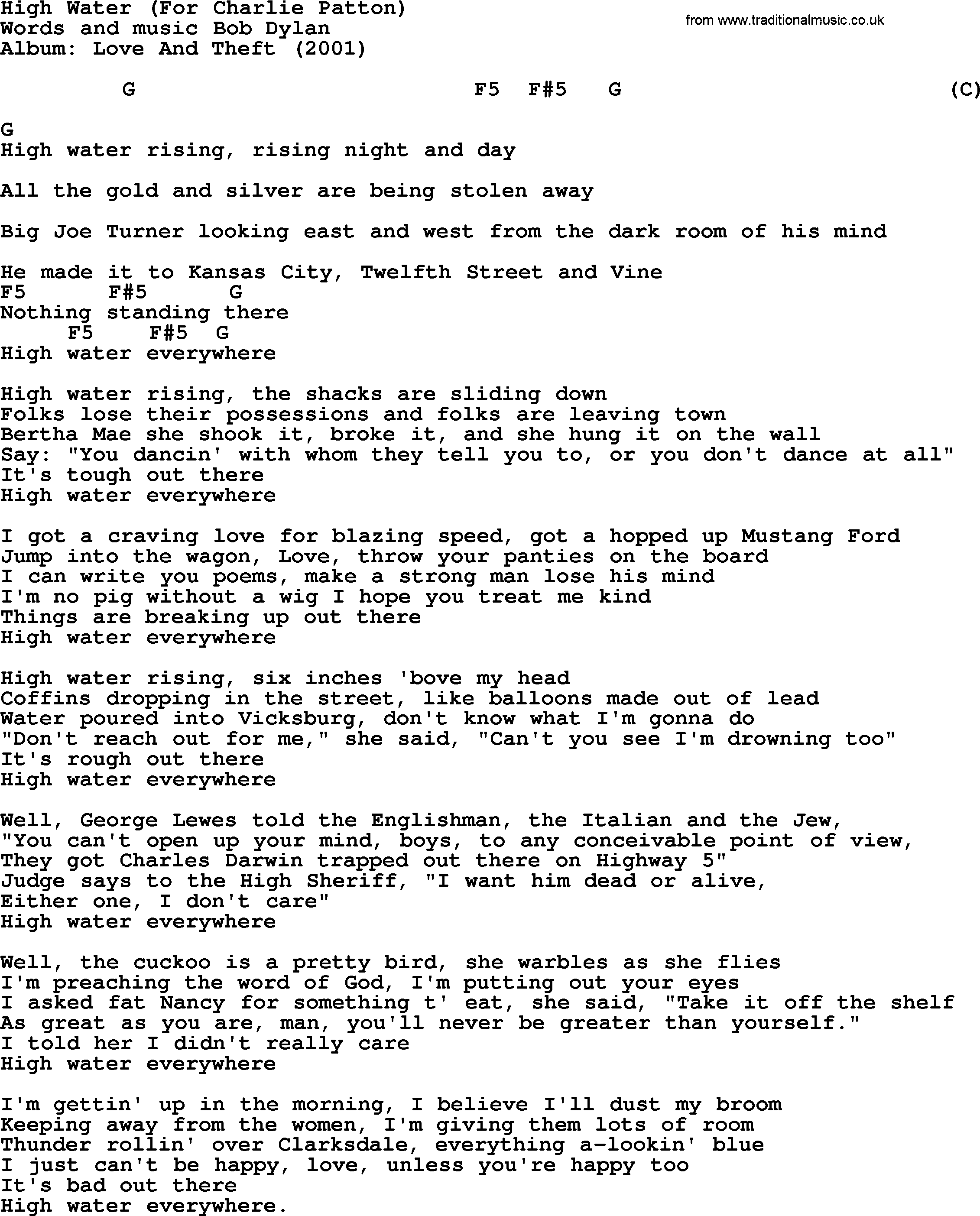 Bob Dylan song, lyrics with chords - High Water (For Charlie Patton)