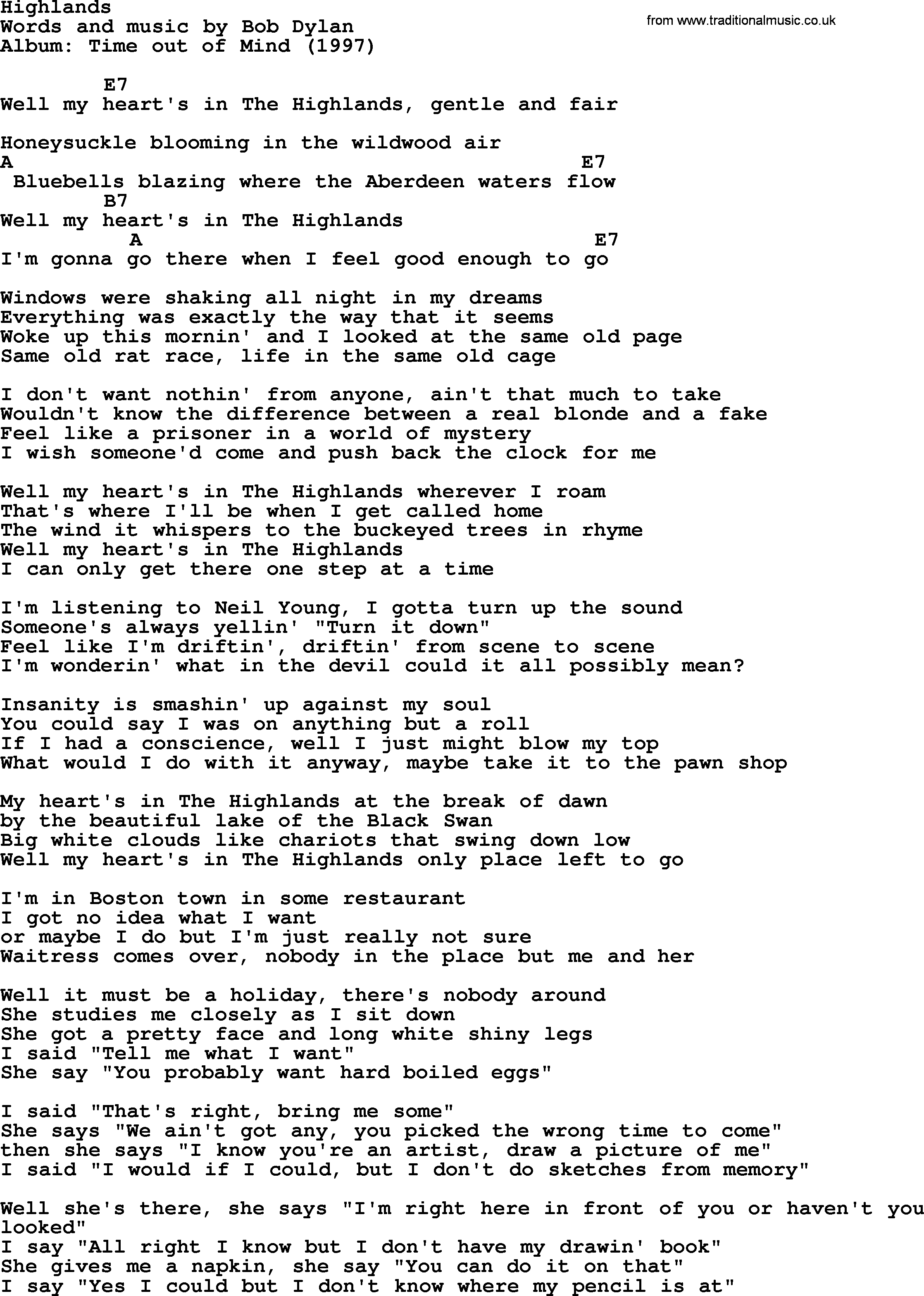 Bob Dylan song, lyrics with chords - Highlands