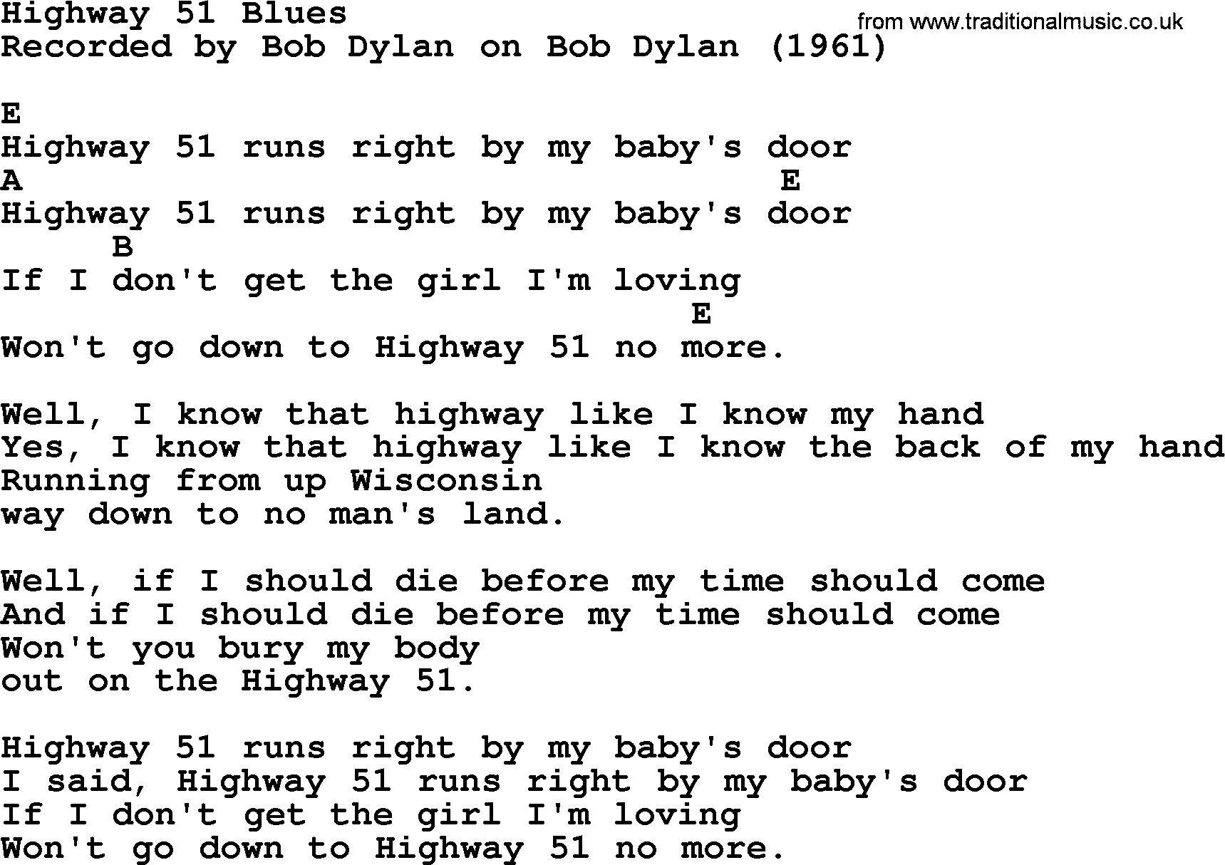 Bob Dylan song, lyrics with chords - Highway 51 Blues