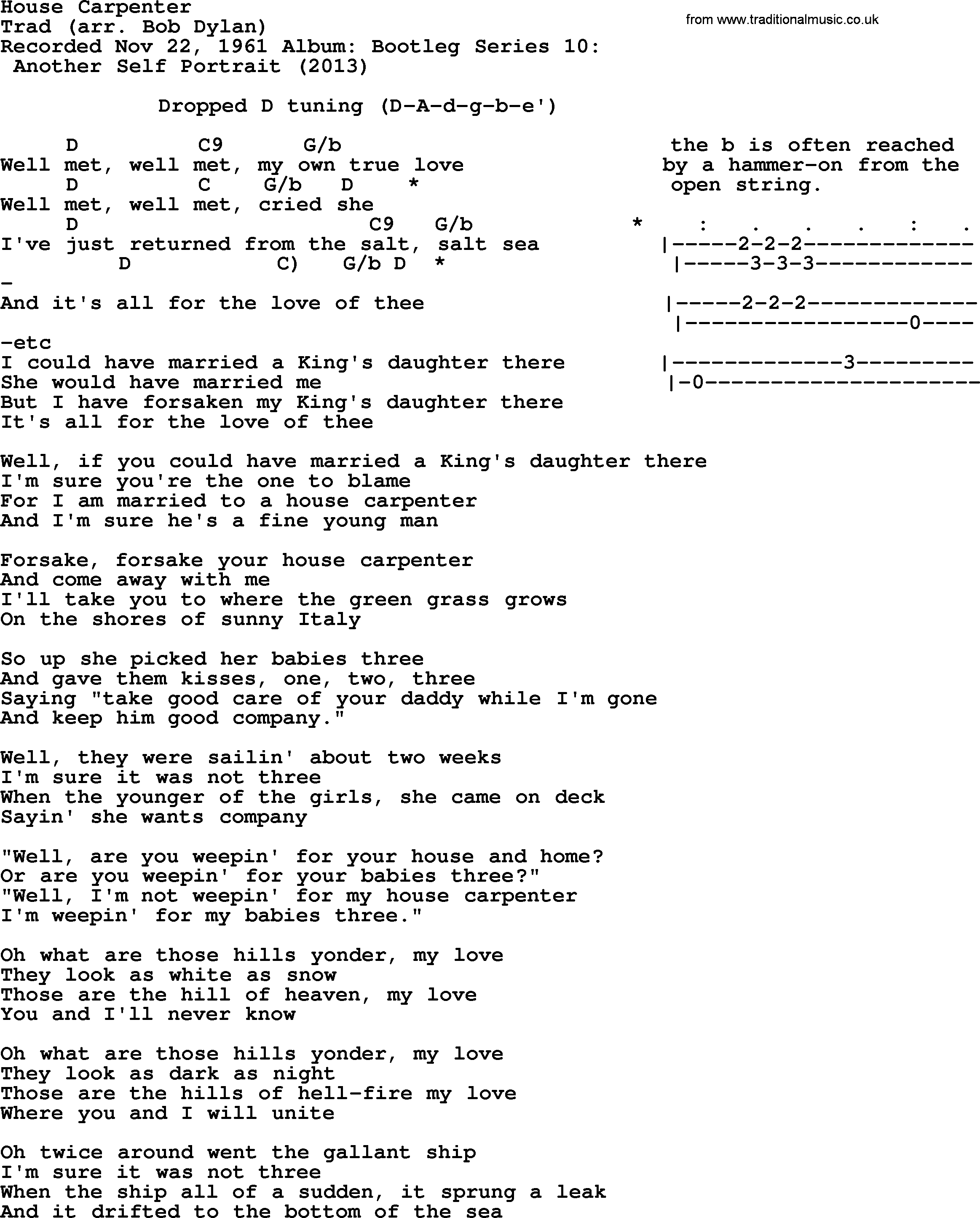 Bob Dylan song, lyrics with chords - House Carpenter