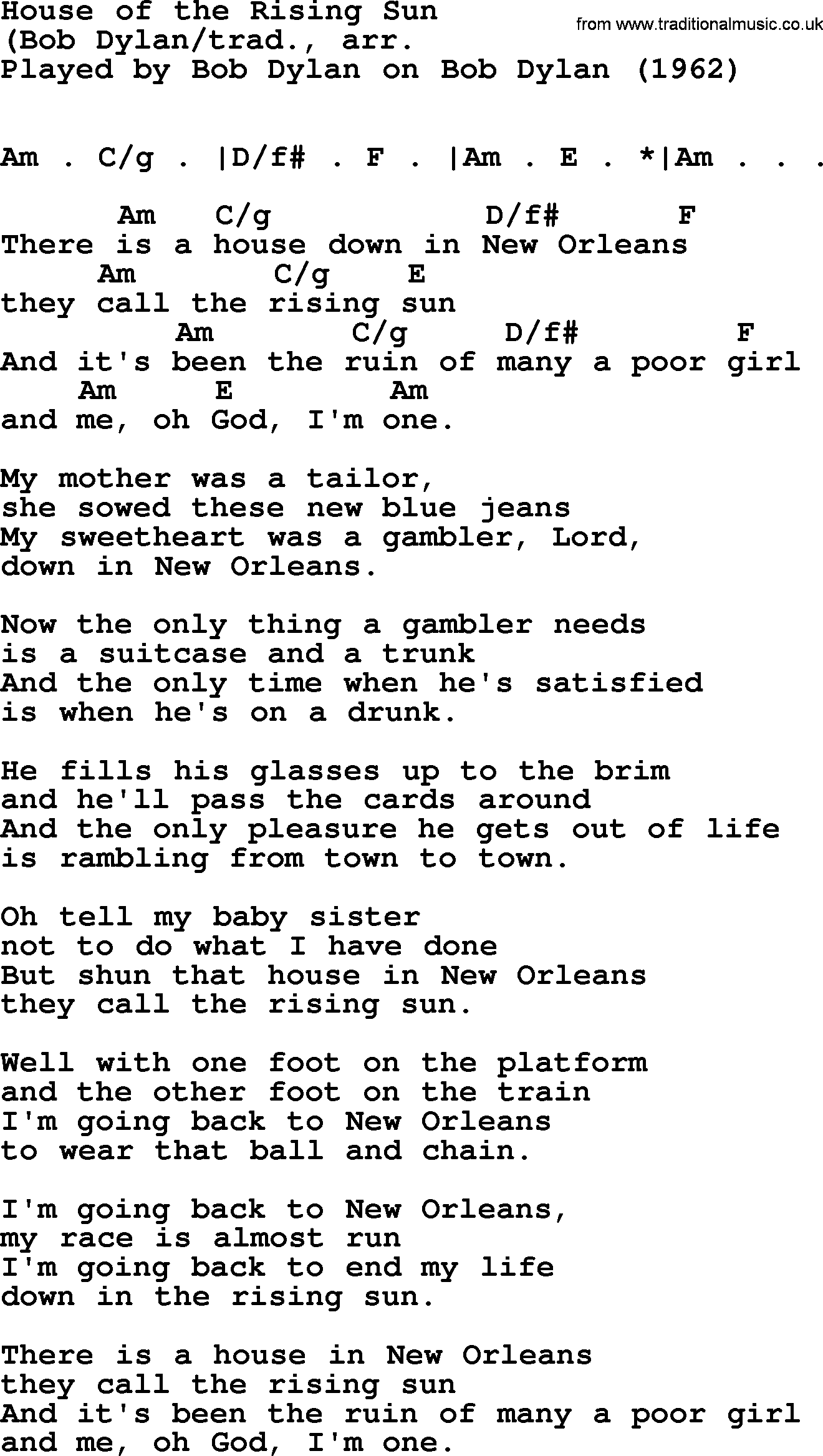Bob Dylan song, lyrics with chords - House of the Rising Sun