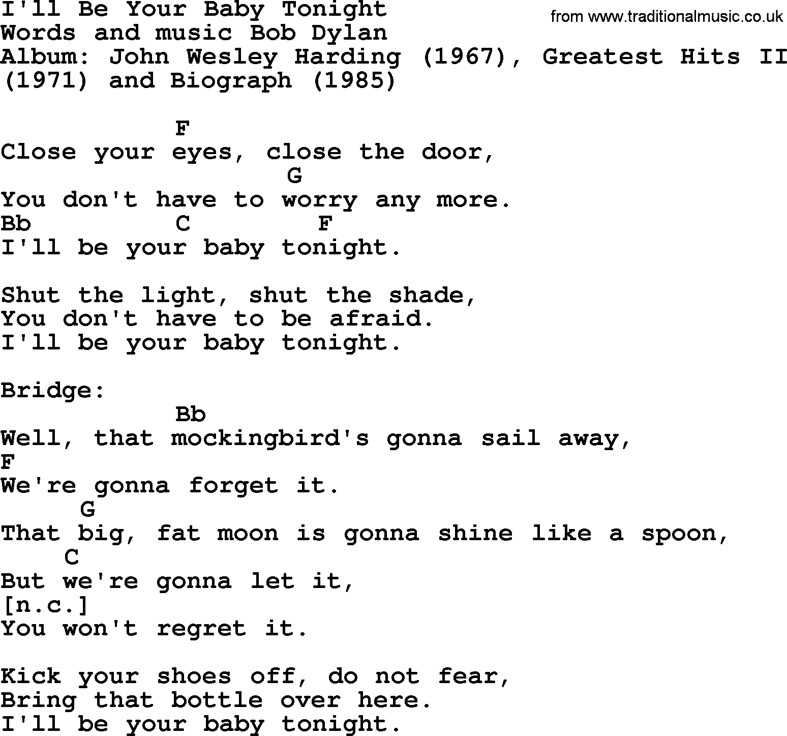 Bob Dylan song, lyrics with chords - I'll Be Your Baby Tonight