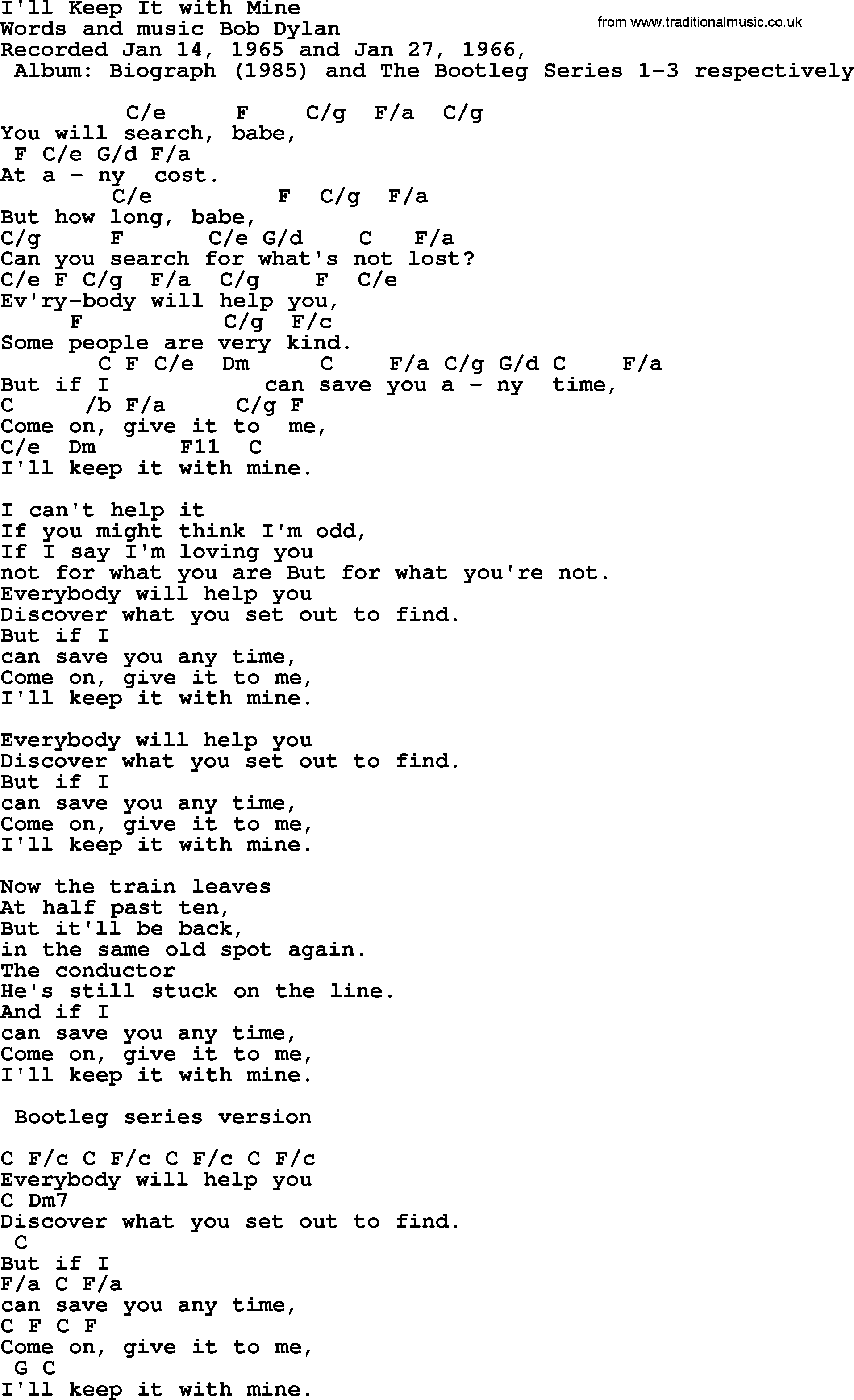 Bob Dylan song, lyrics with chords - I'll Keep It with Mine