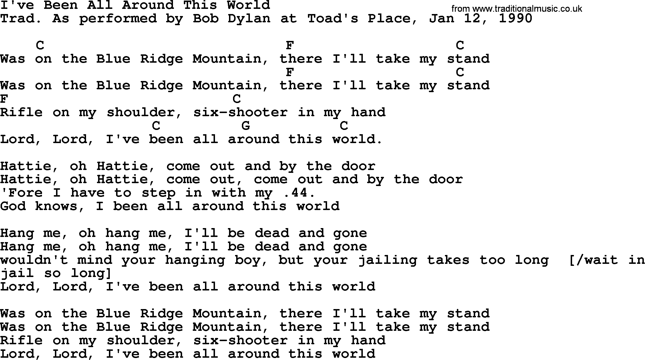 Bob song - I've Been All Around This World, lyrics chords
