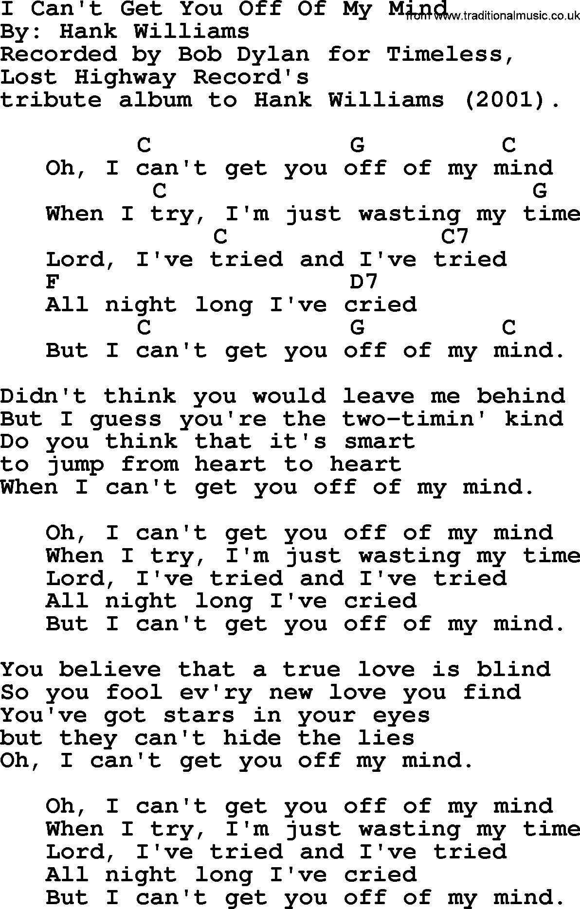 Bob Dylan song, lyrics with chords - I Can't Get You Off Of My Mind