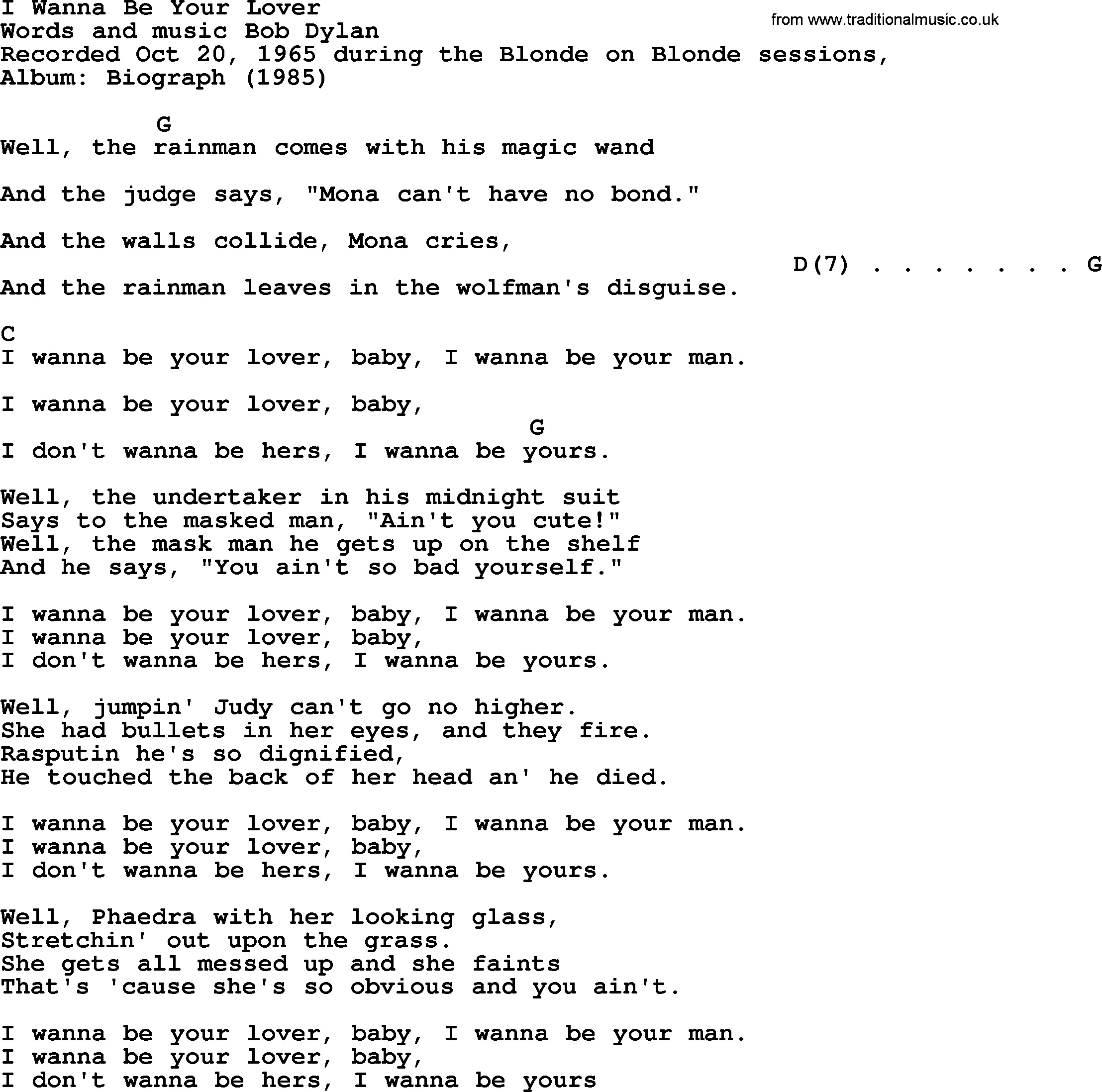 Bob Dylan song, lyrics with chords - I Wanna Be Your Lover