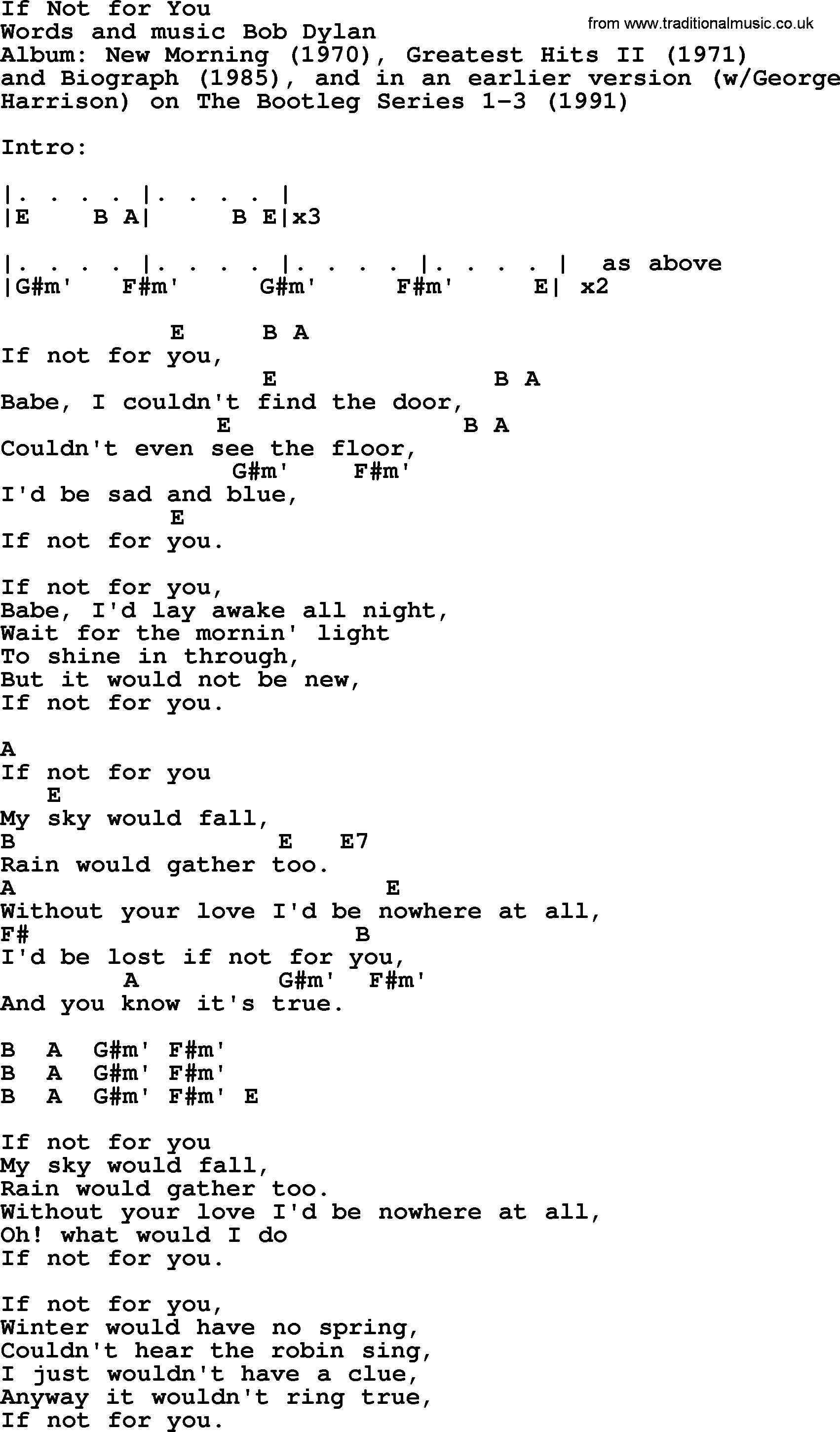 Bob Dylan song, lyrics with chords - If Not for You