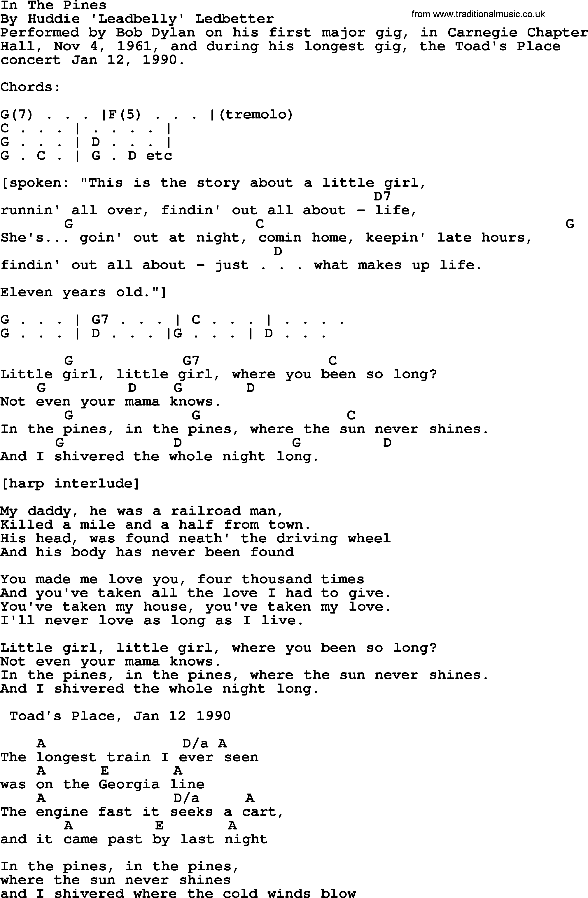 Bob Dylan song, lyrics with chords - In The Pines