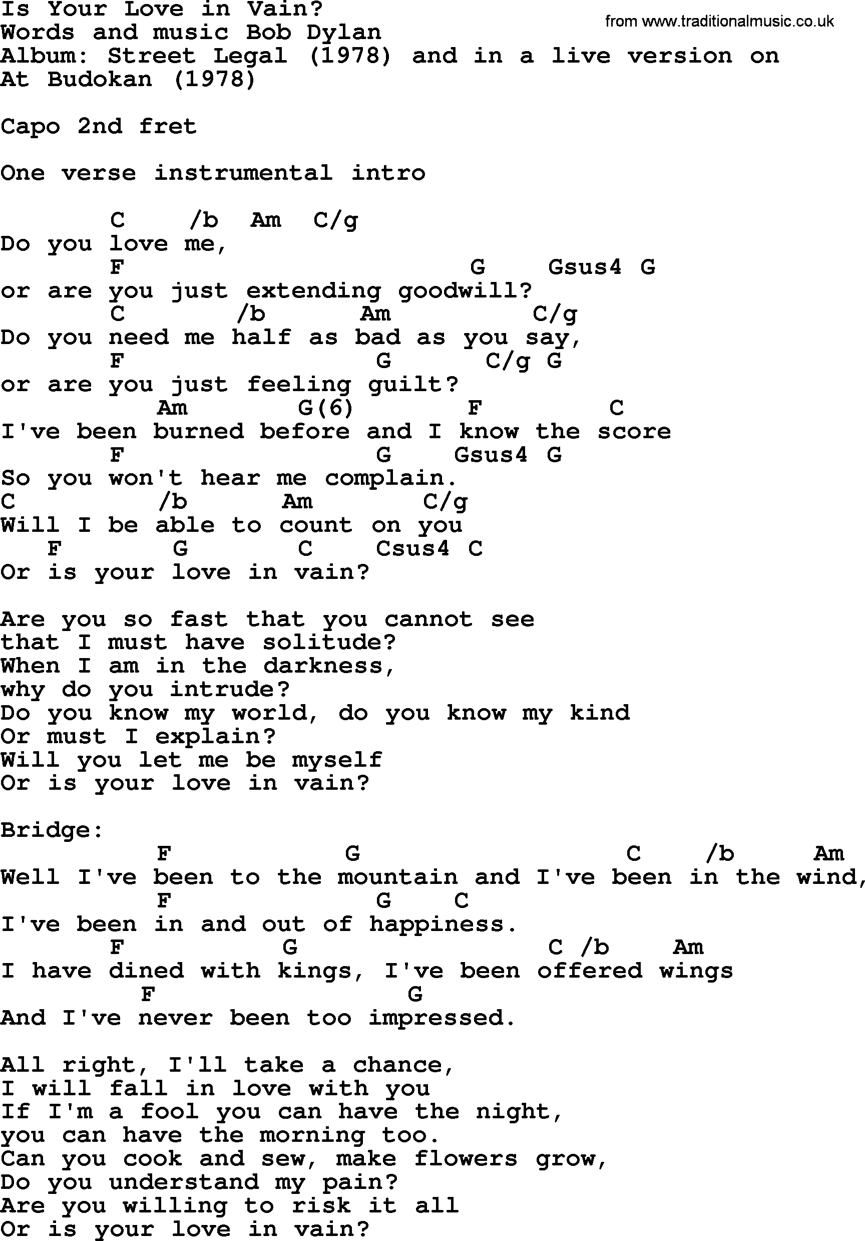 Bob Dylan song, lyrics with chords - Is Your Love in Vain