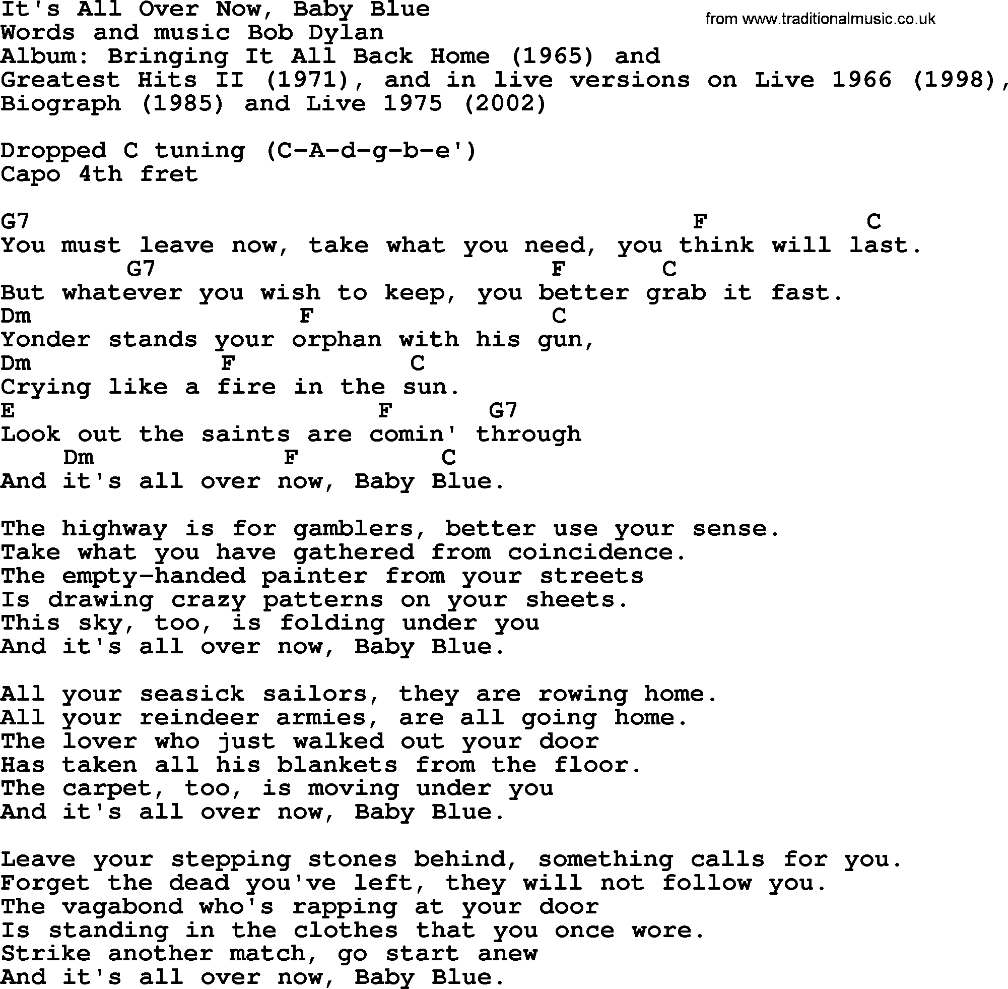 Bob Dylan song, lyrics with chords - It's All Over Now, Baby Blue