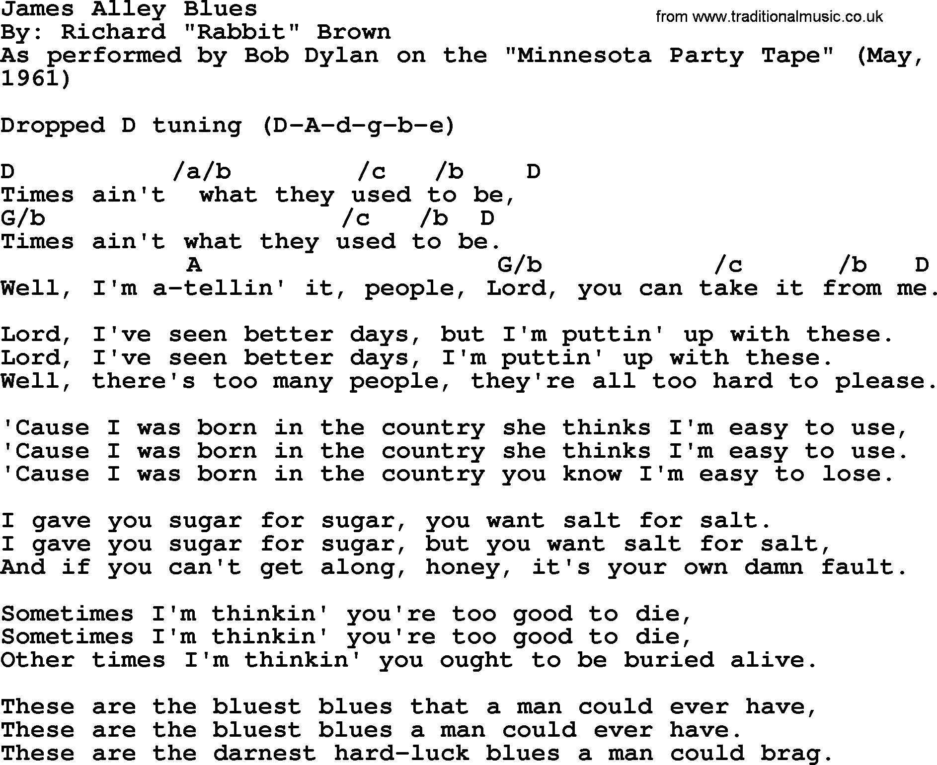 Bob Dylan song, lyrics with chords - James Alley Blues