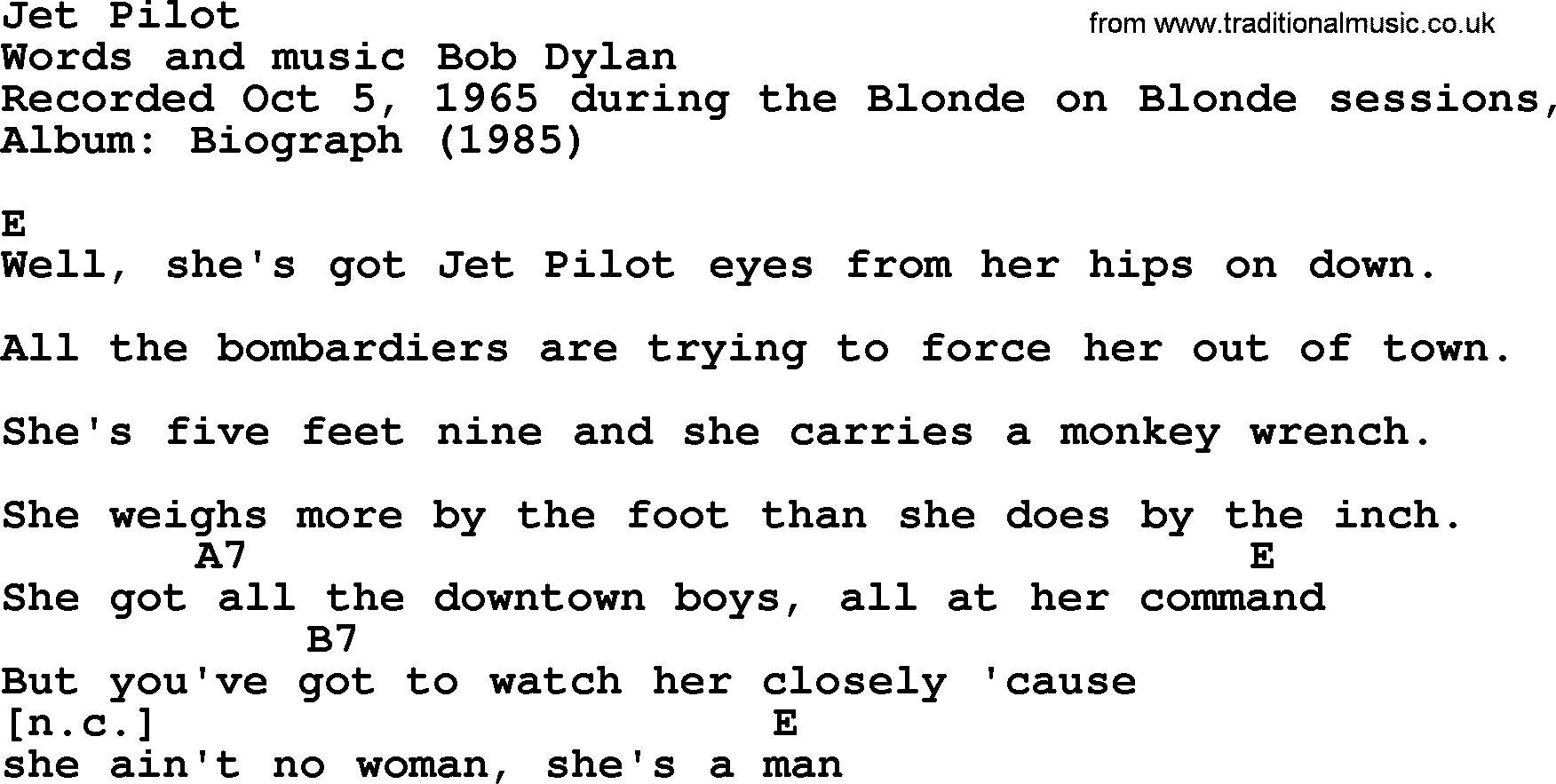 Bob Dylan song, lyrics with chords - Jet Pilot
