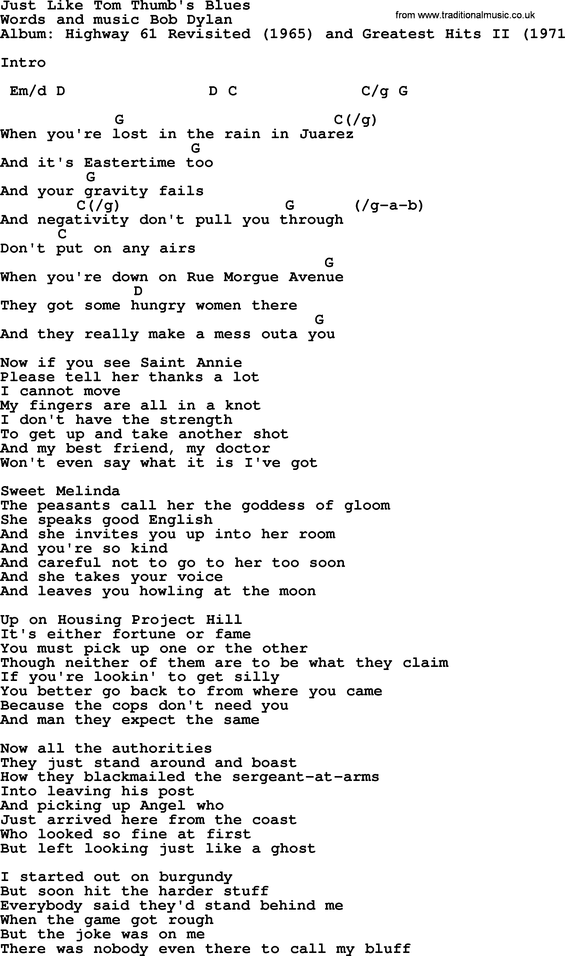 Bob Dylan song, lyrics with chords - Just Like Tom Thumb's Blues