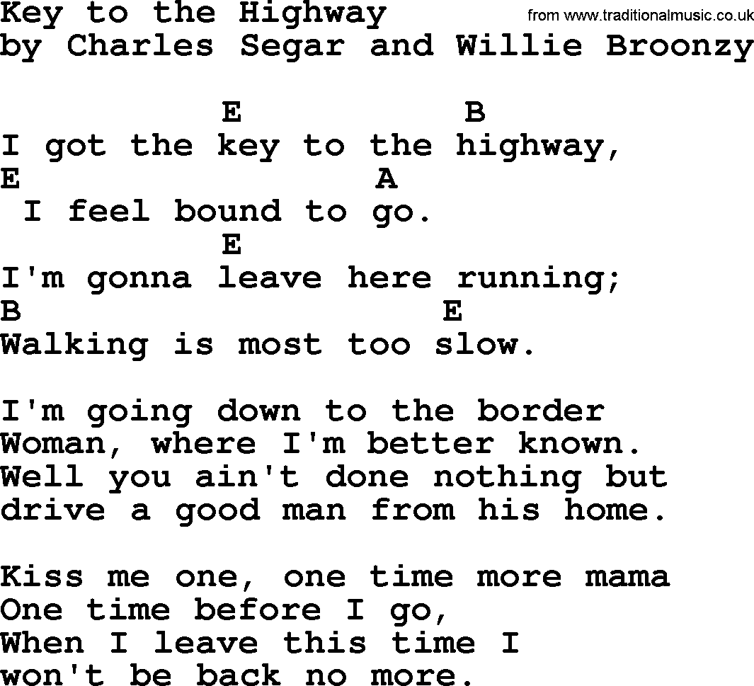 Bob Dylan song, lyrics with chords - Key to the Highway