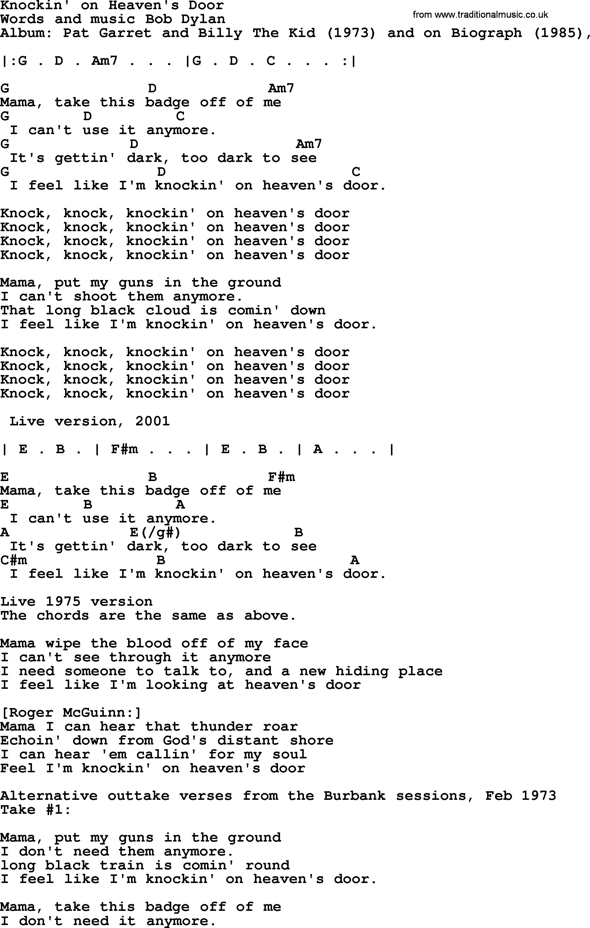 Bob Dylan song, lyrics with chords - Knockin' on Heaven's Door