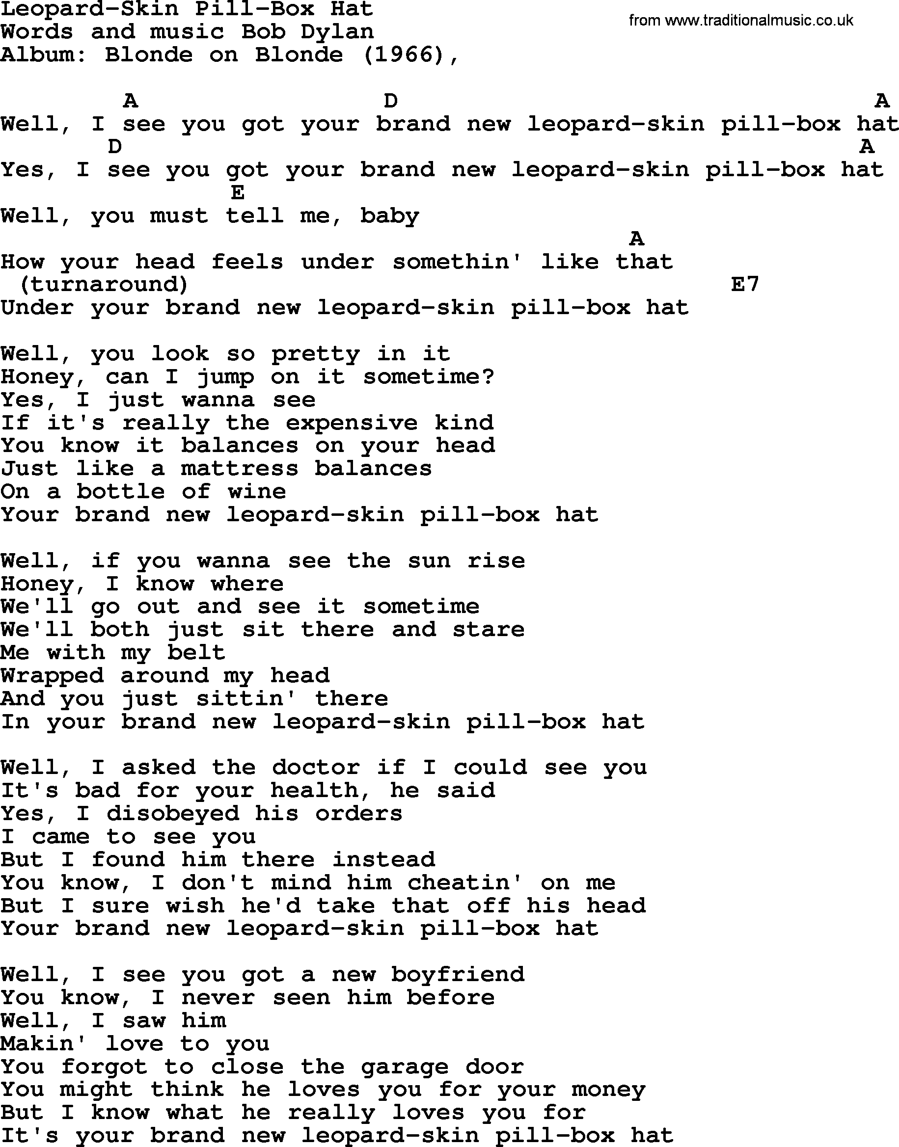 Bob Dylan song, lyrics with chords - Leopard-Skin Pill-Box Hat