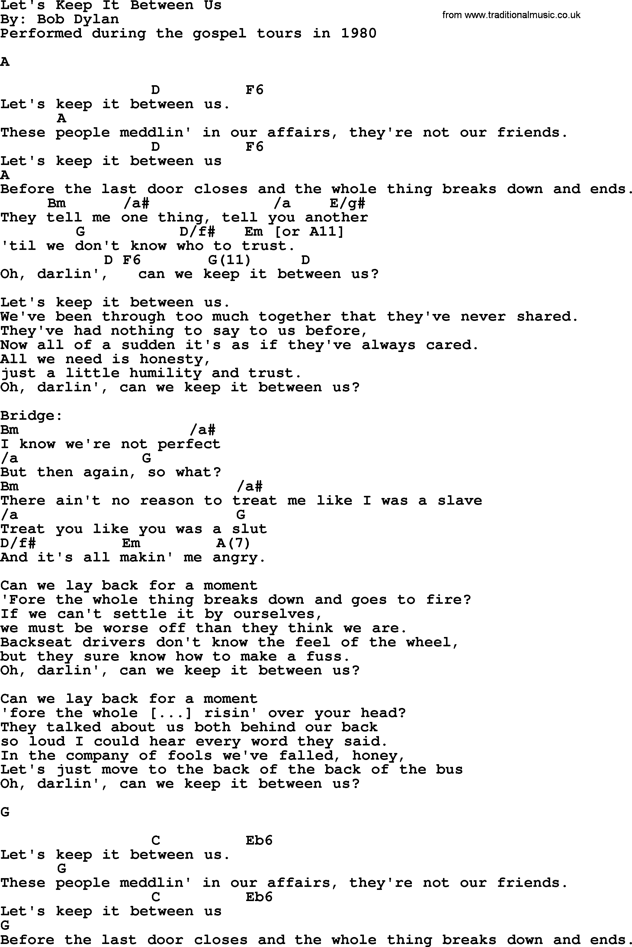 Bob Dylan song, lyrics with chords - Let's Keep It Between Us