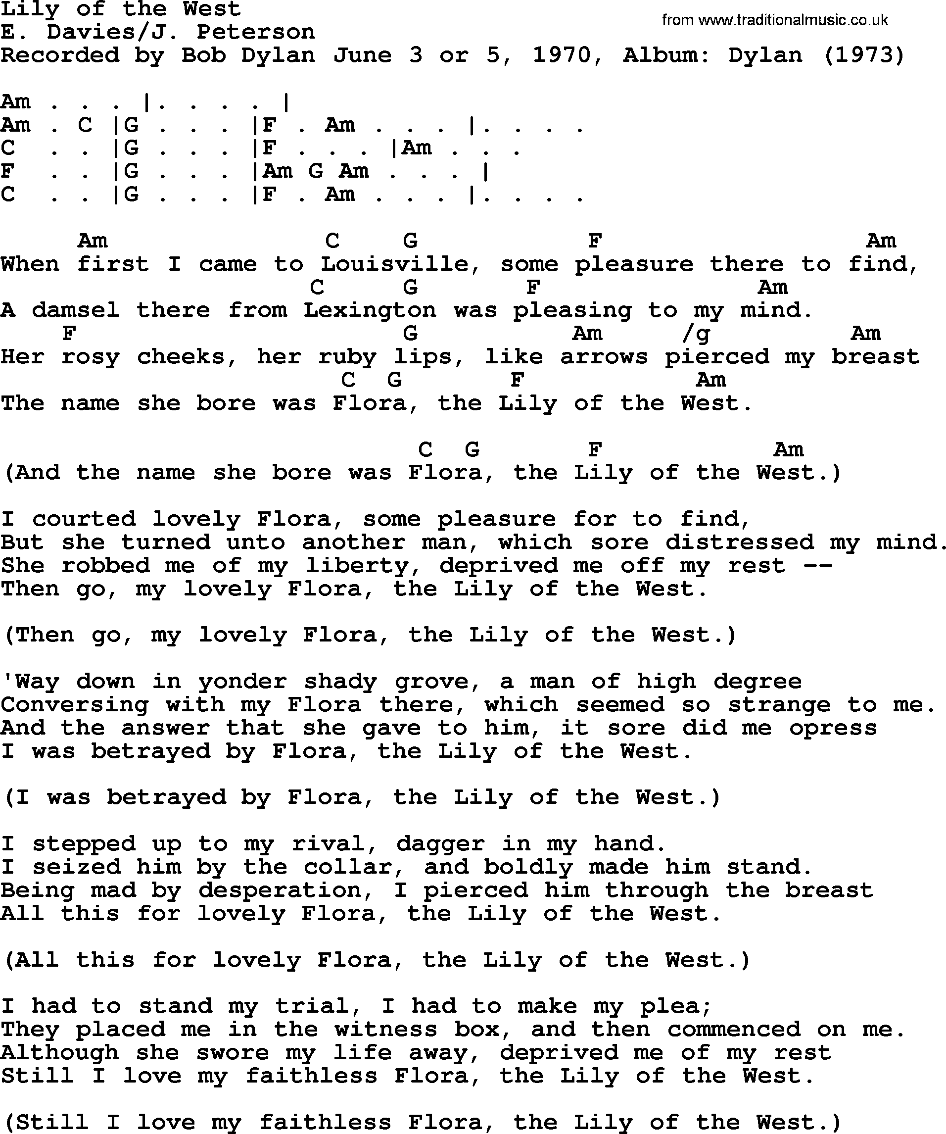 Bob Dylan song, lyrics with chords - Lily of the West