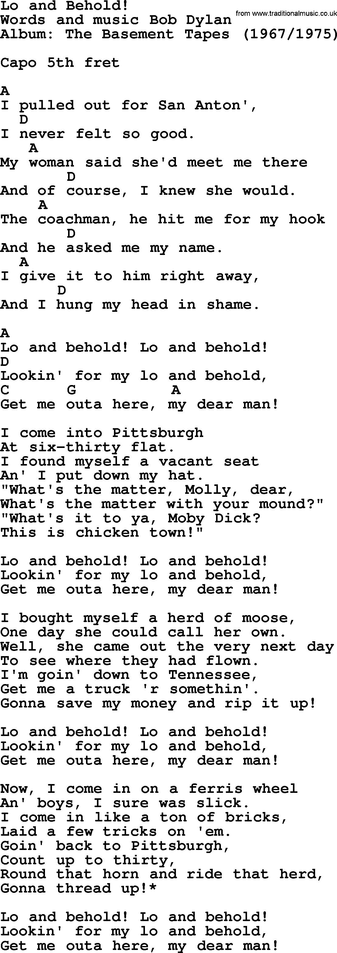 Bob Dylan song, lyrics with chords - Lo and Behold!