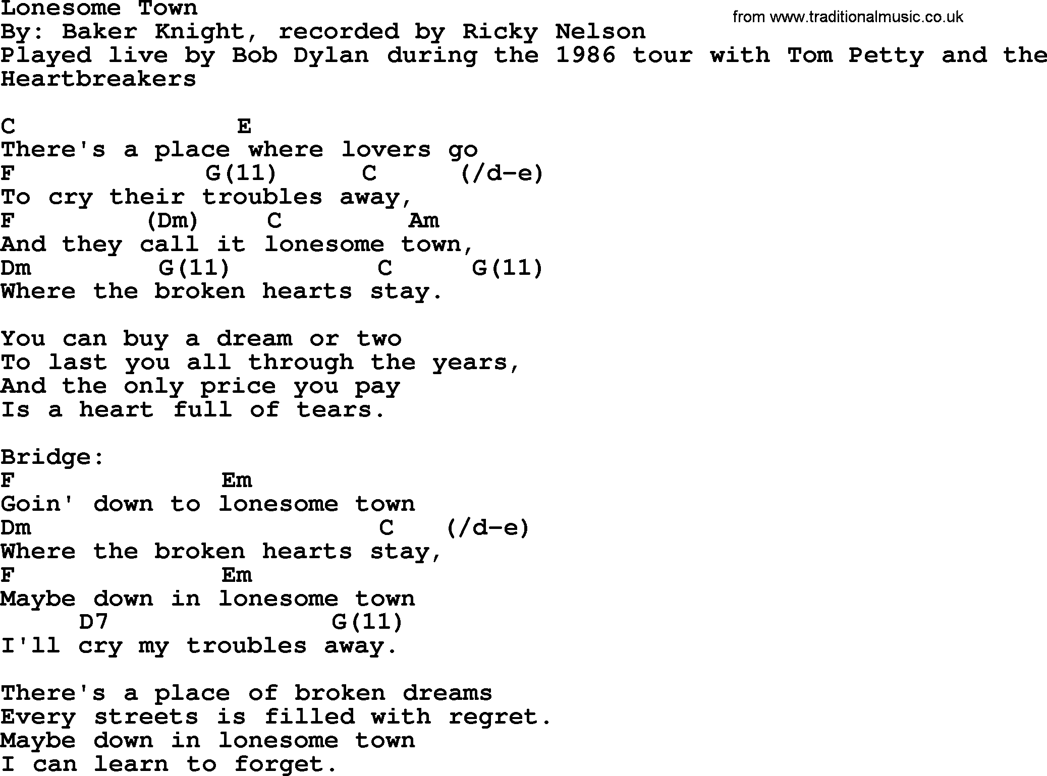 Bob Dylan song, lyrics with chords - Lonesome Town