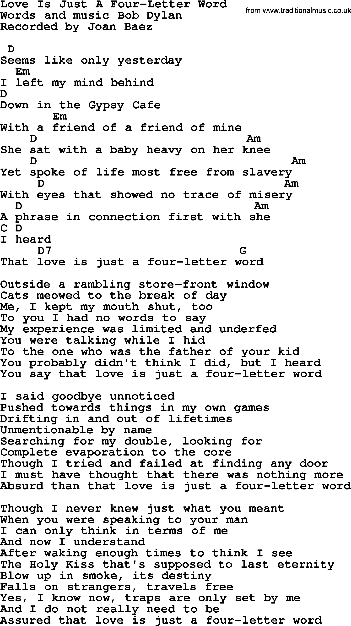 Bob Dylan song, lyrics with chords - Love Is Just A Four-Letter Word