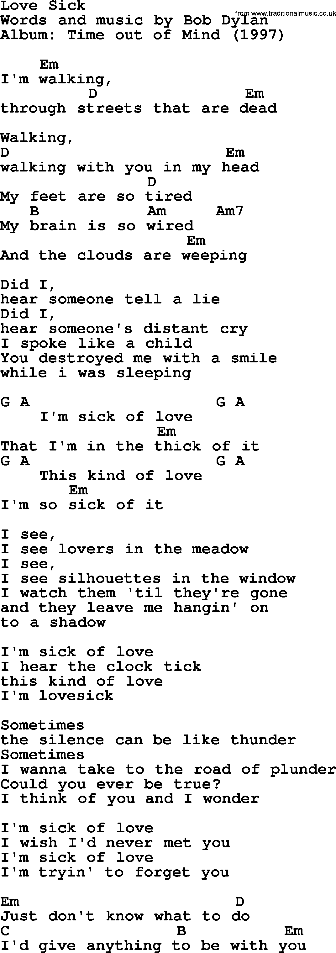 Bob Dylan song, lyrics with chords - Love Sick