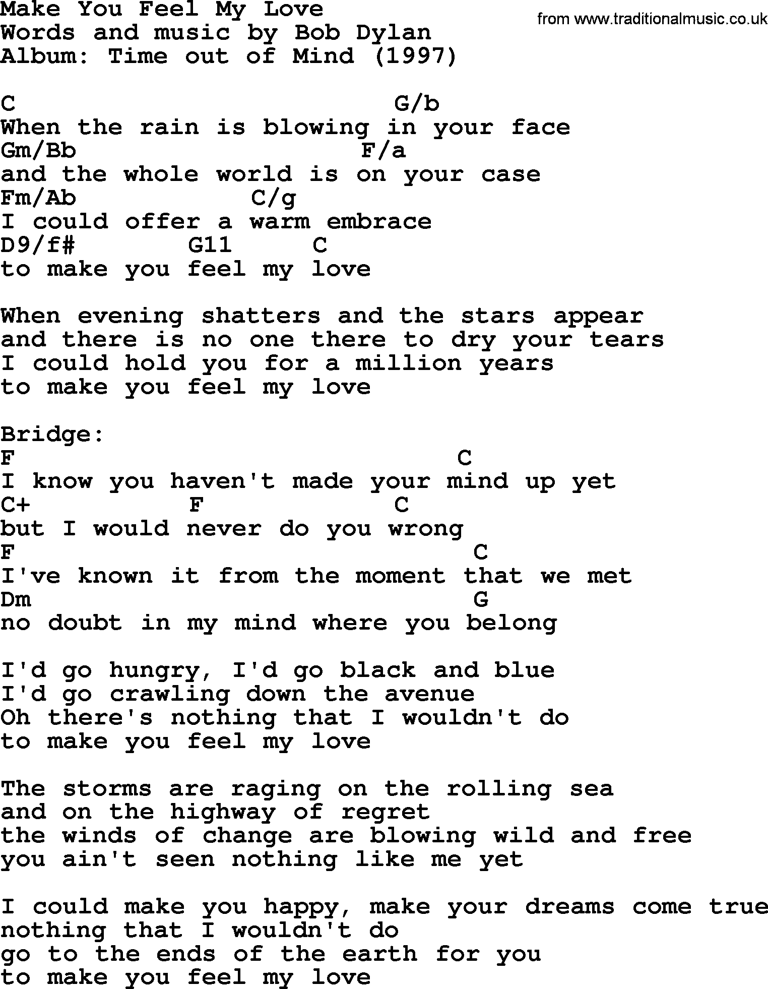 Bob Dylan song, lyrics with chords - Make You Feel My Love