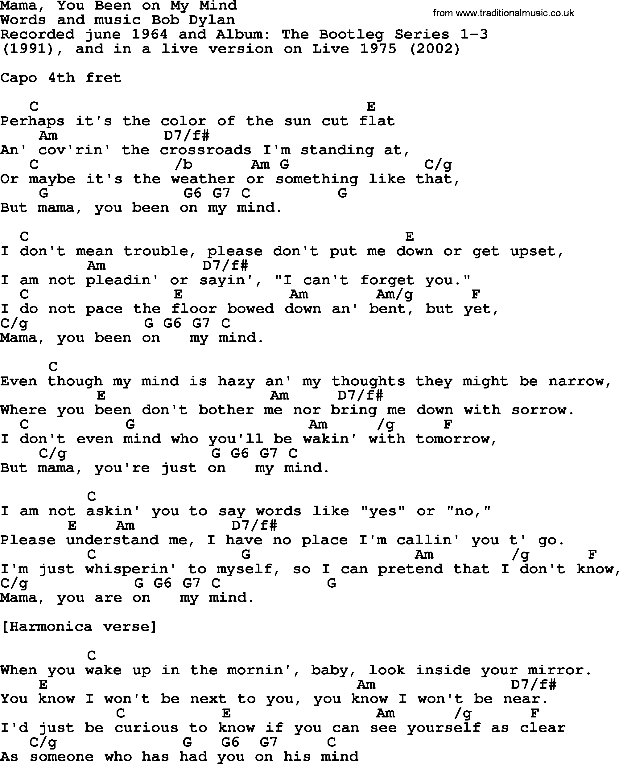 Bob Dylan song, lyrics with chords - Mama, You Been on My Mind