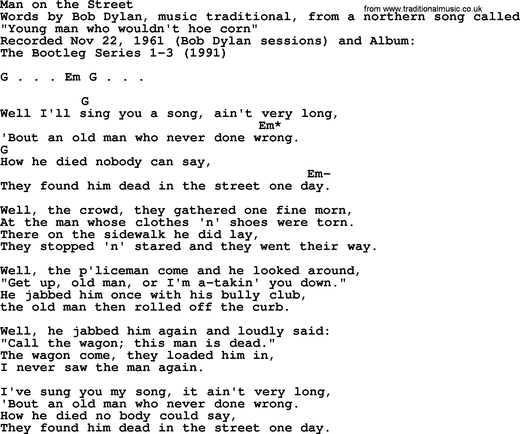 Bob Dylan song, lyrics with chords - Man on the Street